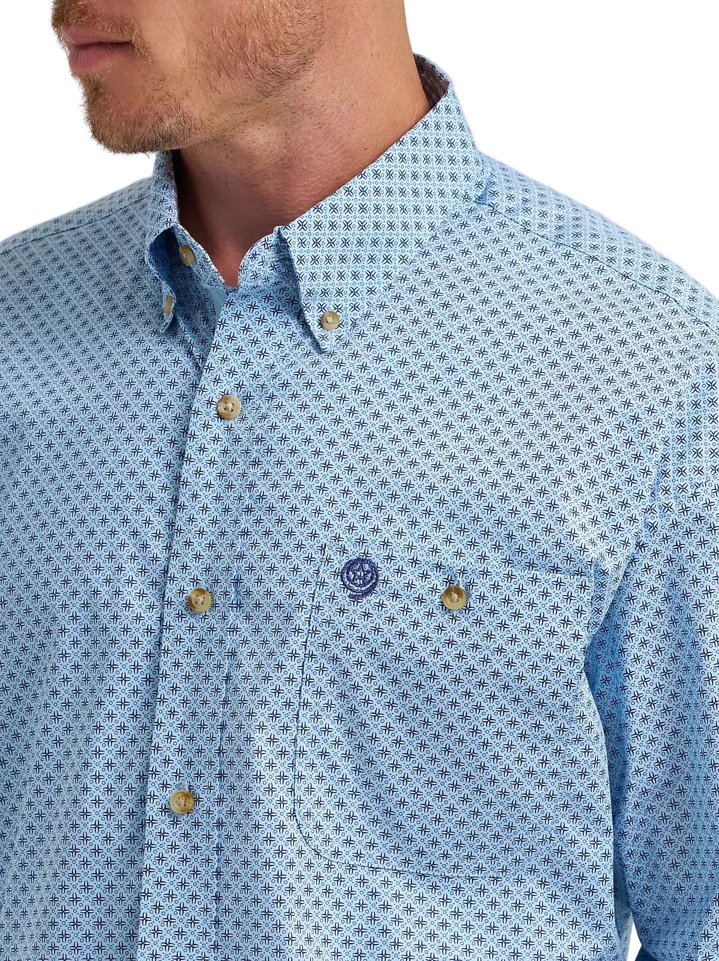 Men's Wrangler® George Strait™ Baby Blue Cross Long Sleeve Button Down One Pocket Shirt 112374582