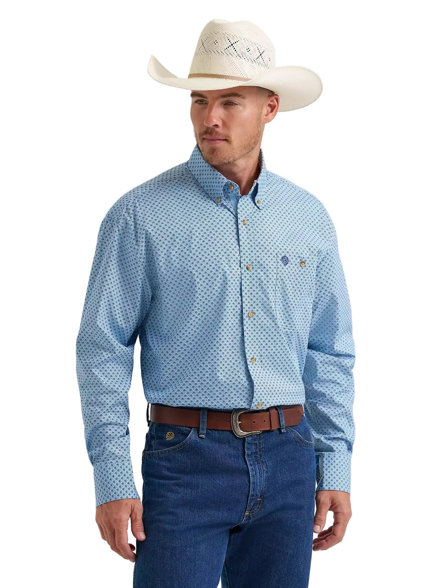 Men's Wrangler® George Strait™ Baby Blue Cross Long Sleeve Button Down One Pocket Shirt 112374582