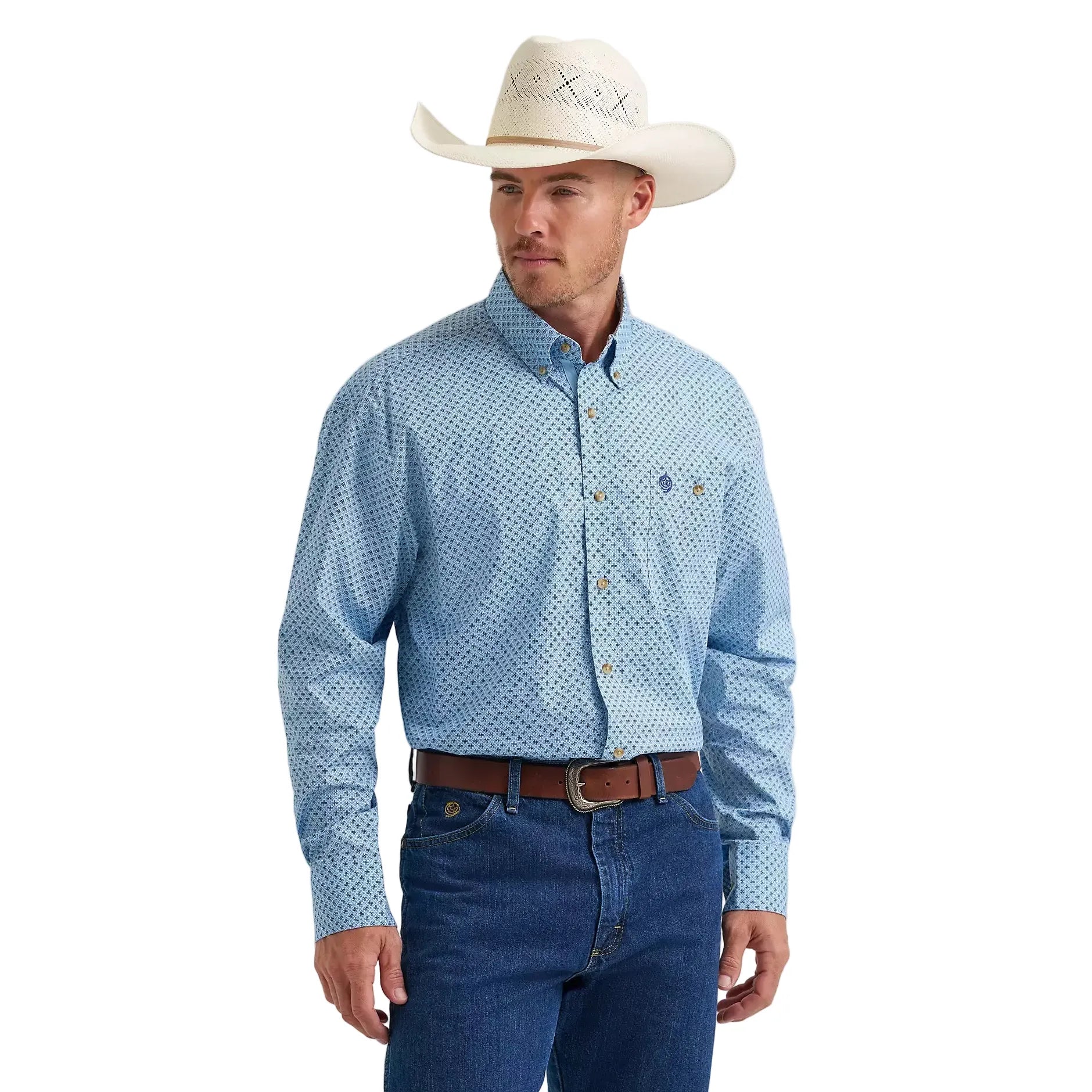 Men's Wrangler® George Strait™ Baby Blue Cross Long Sleeve Button Down One Pocket Shirt 112374582