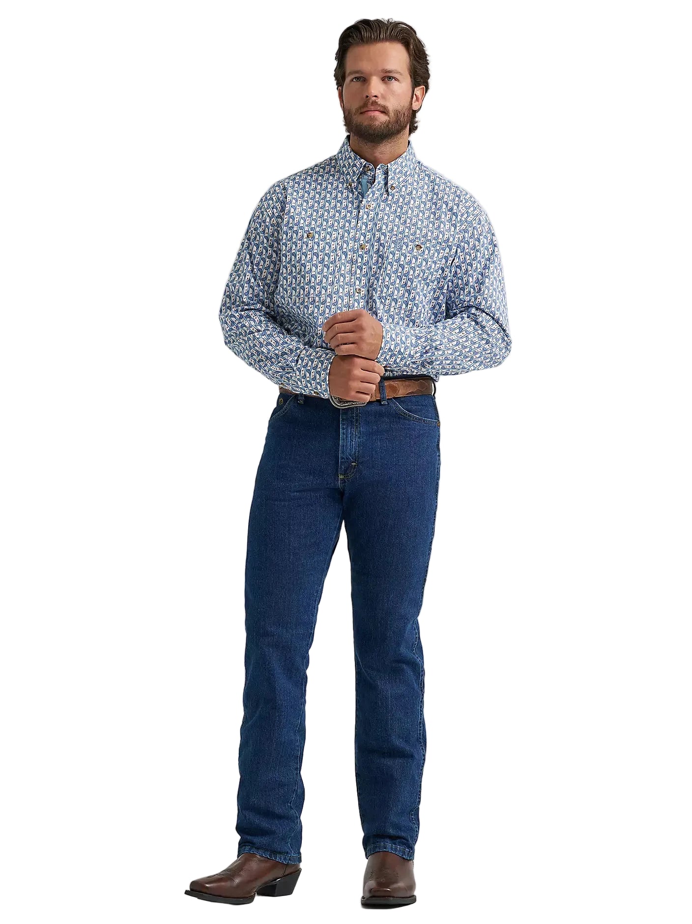 Men's Wrangler® George Strait™ Baby Blue Paisley Long Sleeve Button Down Two Pocket Shirt 112374583