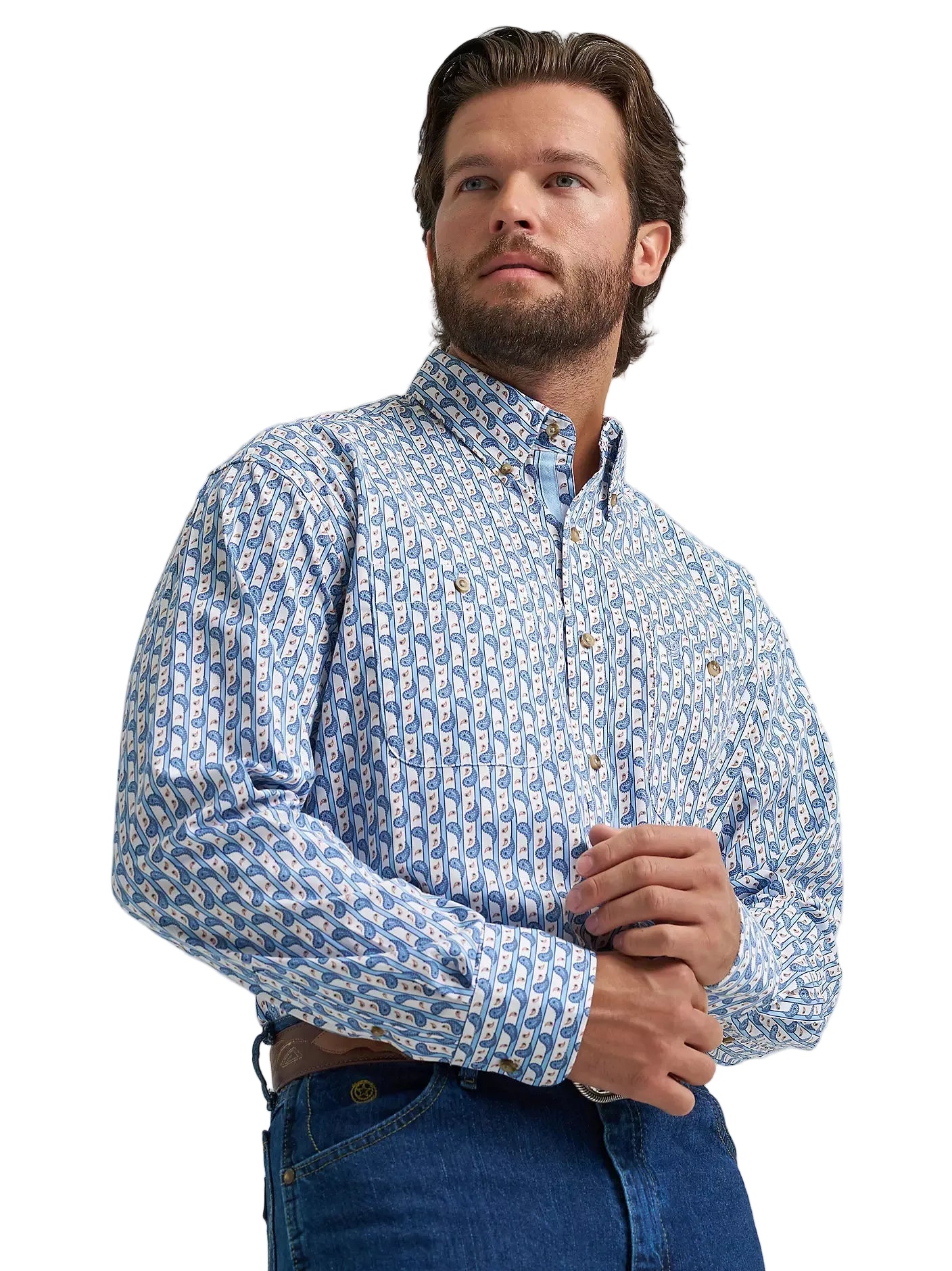 Men's Wrangler® George Strait™ Baby Blue Paisley Long Sleeve Button Down Two Pocket Shirt 112374583