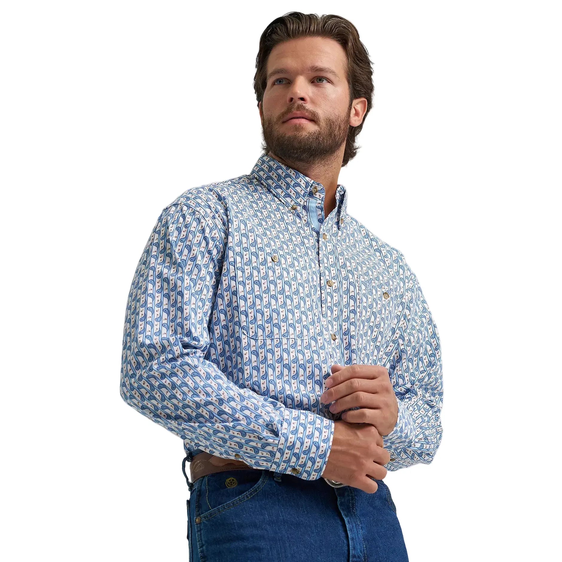 Men's Wrangler® George Strait™ Baby Blue Paisley Long Sleeve Button Down Two Pocket Shirt 112374583