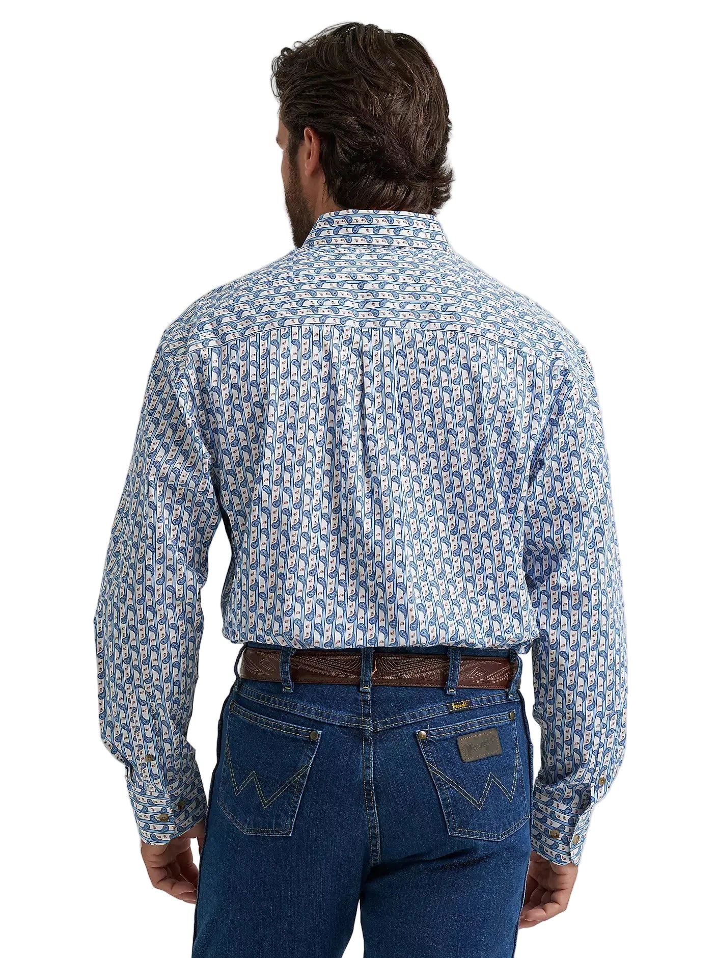 Men's Wrangler® George Strait™ Baby Blue Paisley Long Sleeve Button Down Two Pocket Shirt 112374583