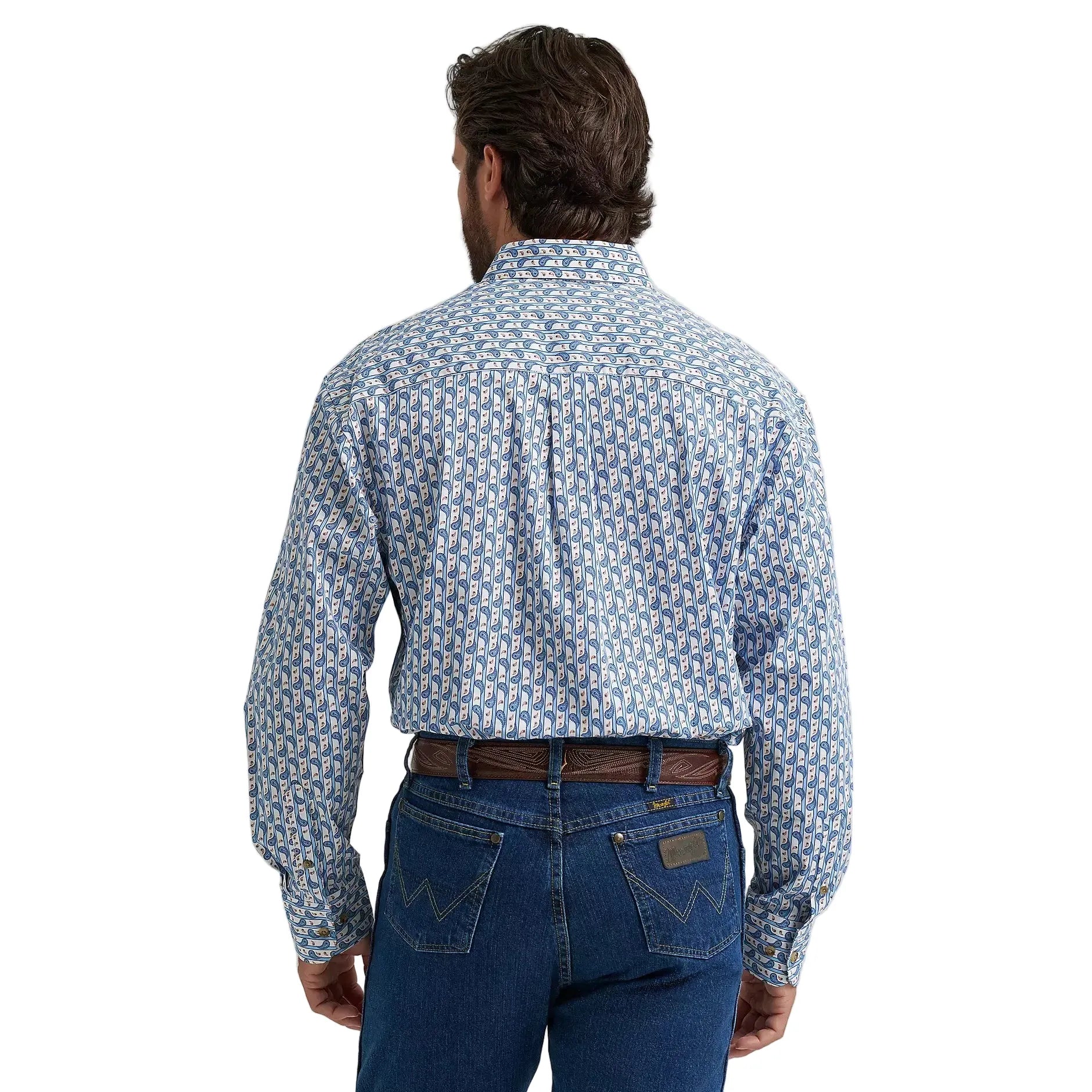 Men's Wrangler® George Strait™ Baby Blue Paisley Long Sleeve Button Down Two Pocket Shirt 112374583