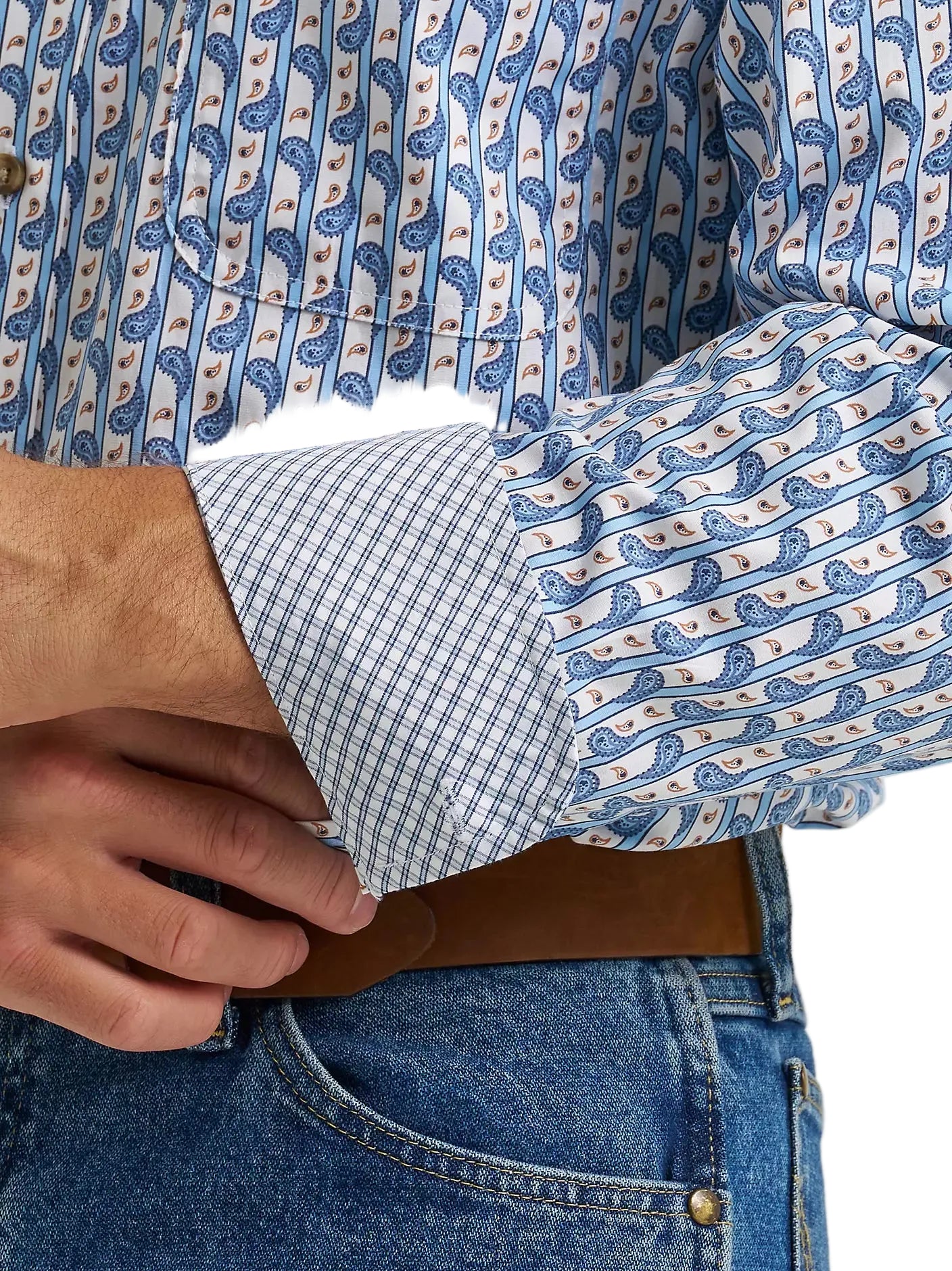 Men's Wrangler® George Strait™ Baby Blue Paisley Long Sleeve Button Down Two Pocket Shirt 112374583