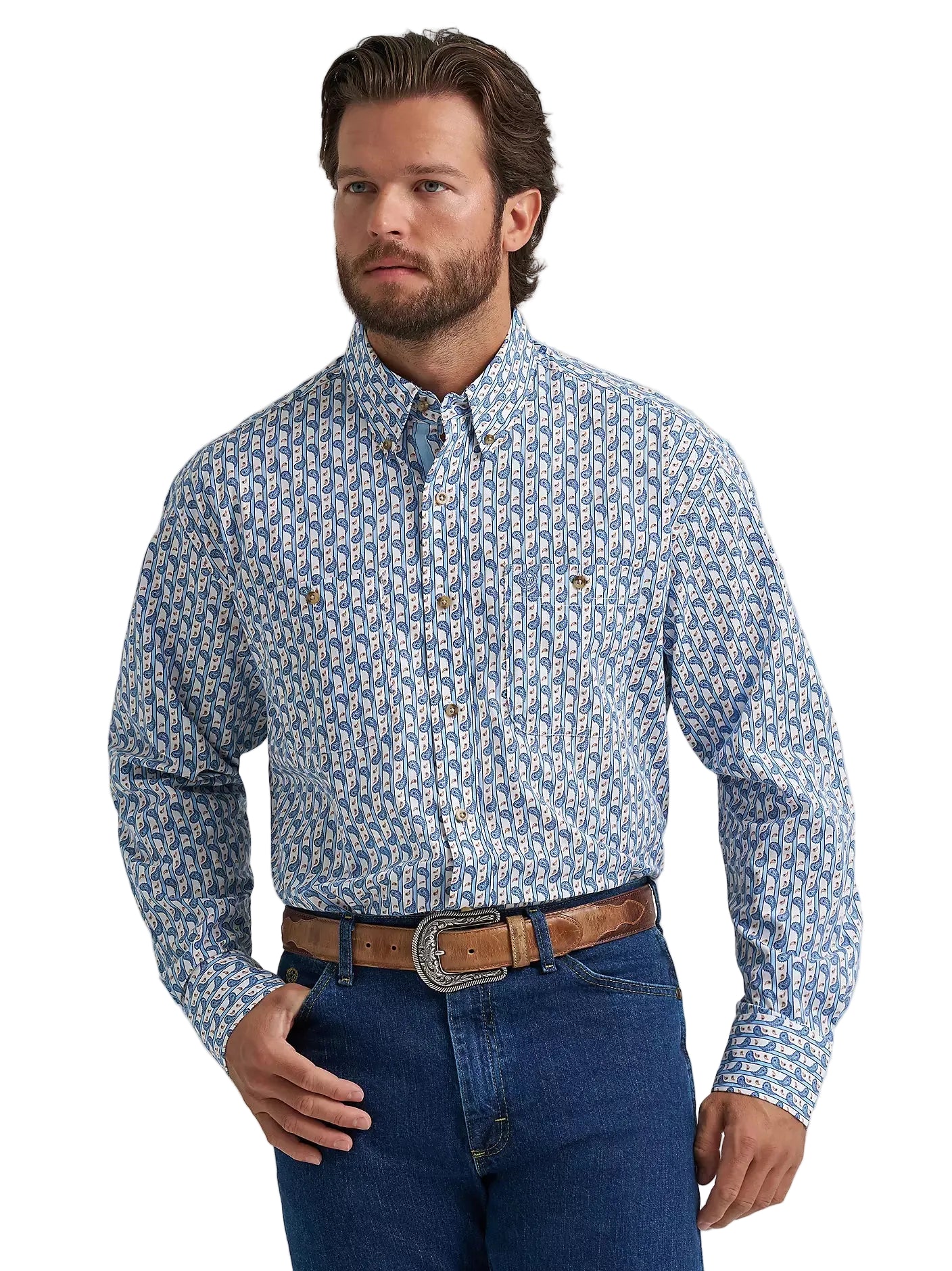 Men's Wrangler® George Strait™ Baby Blue Paisley Long Sleeve Button Down Two Pocket Shirt 112374583