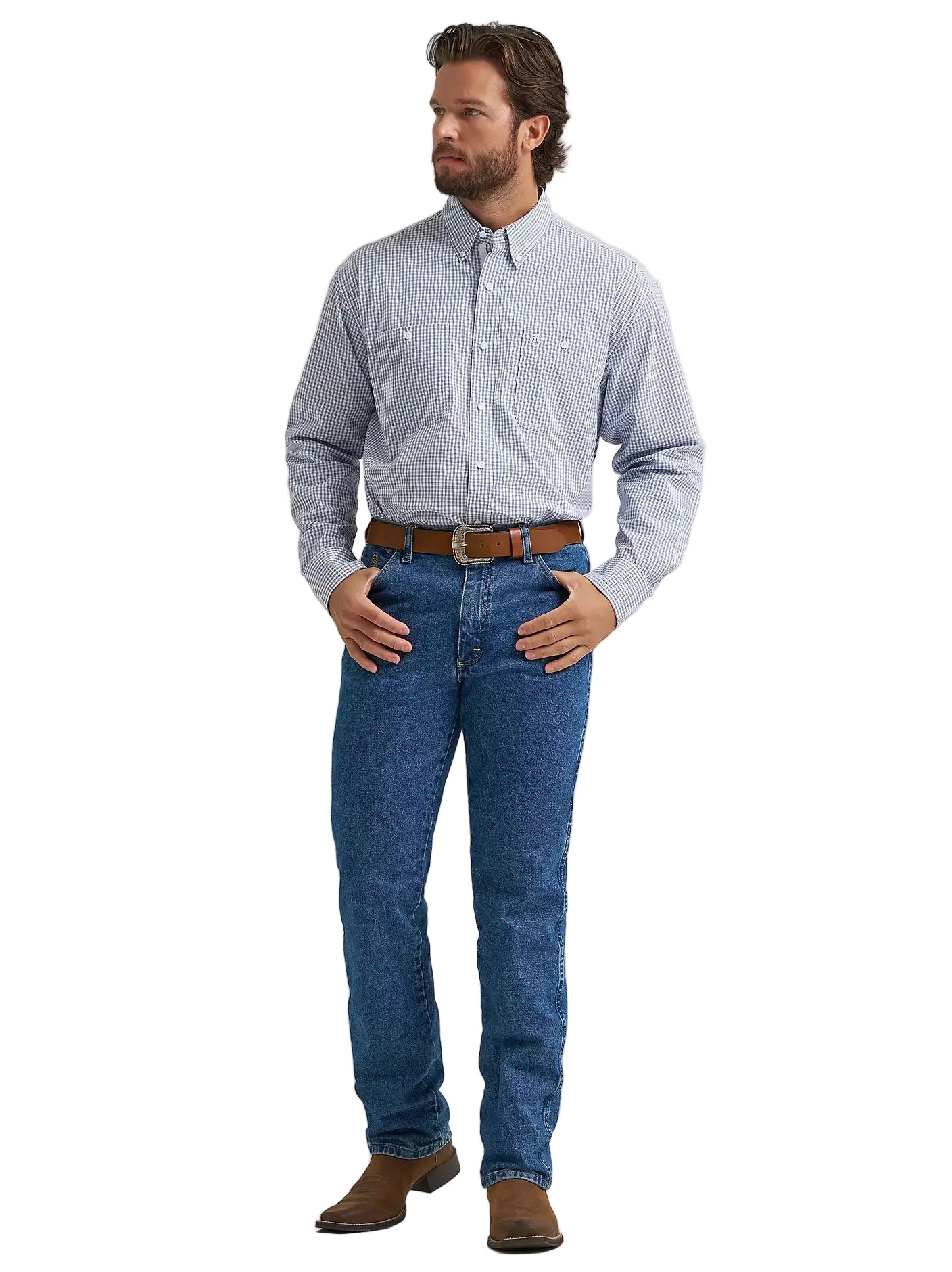 Men's Wrangler® George Strait™ Baby Blue Check Long Sleeve Button Down Two Pocket Shirt 112374605