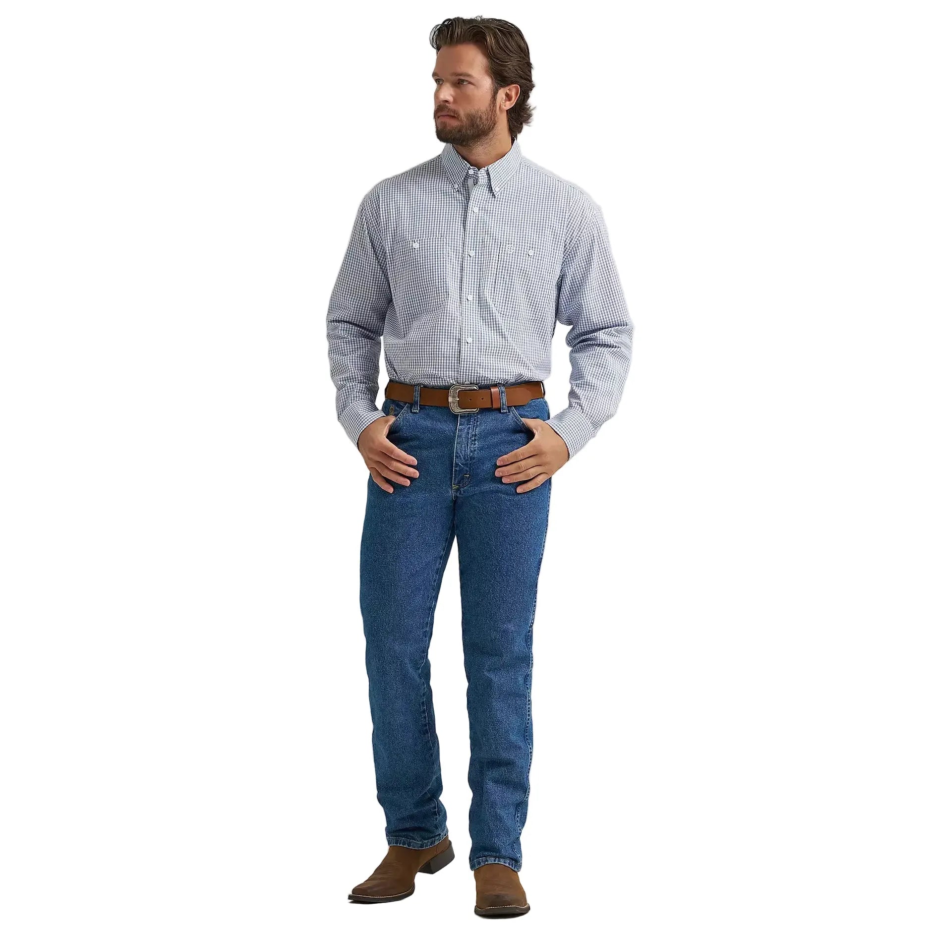 Men's Wrangler® George Strait™ Baby Blue Check Long Sleeve Button Down Two Pocket Shirt 112374605