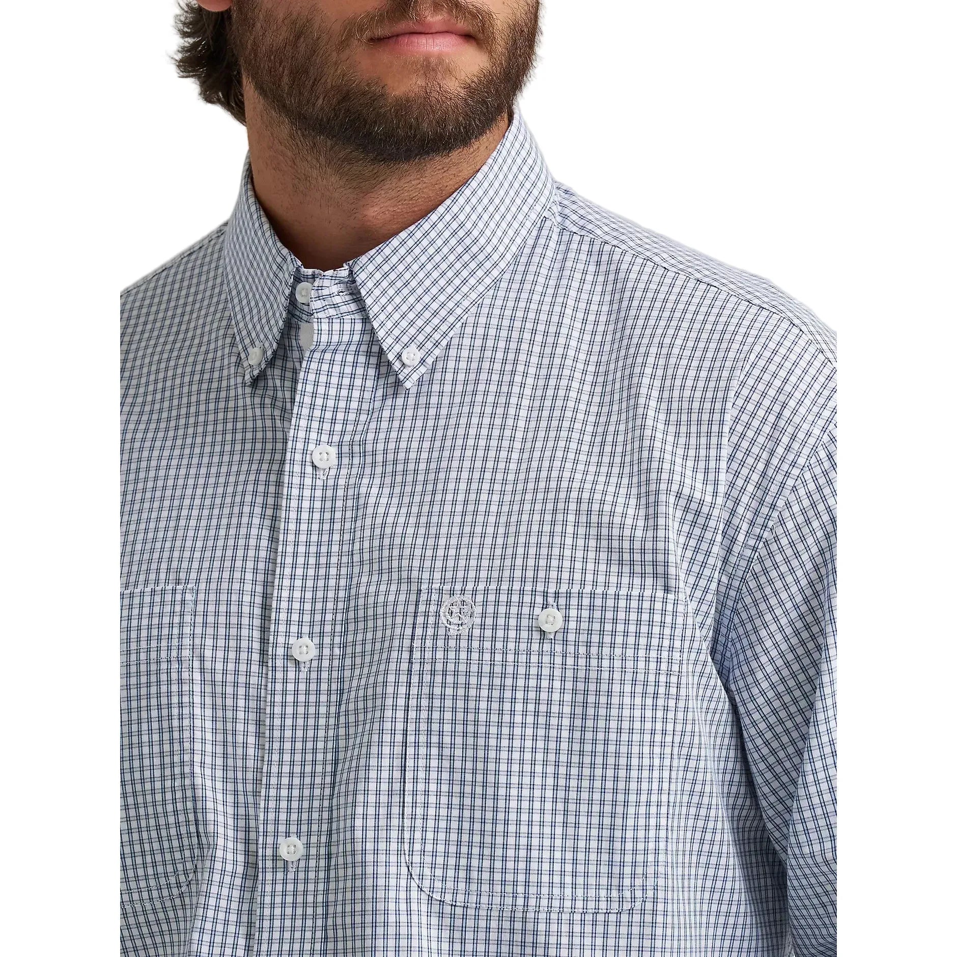 Men's Wrangler® George Strait™ Baby Blue Check Long Sleeve Button Down Two Pocket Shirt 112374605