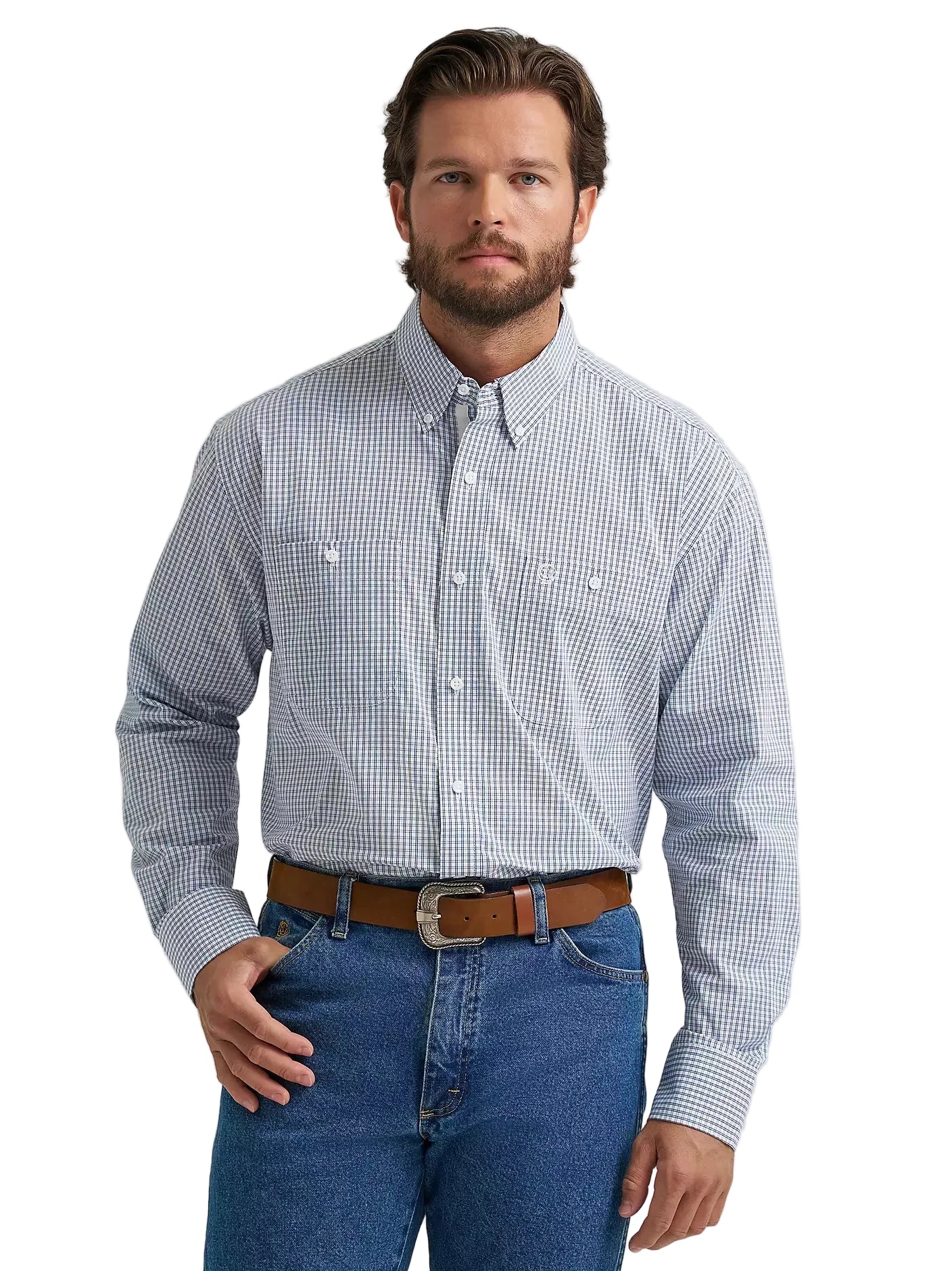 Men's Wrangler® George Strait™ Baby Blue Check Long Sleeve Button Down Two Pocket Shirt 112374605