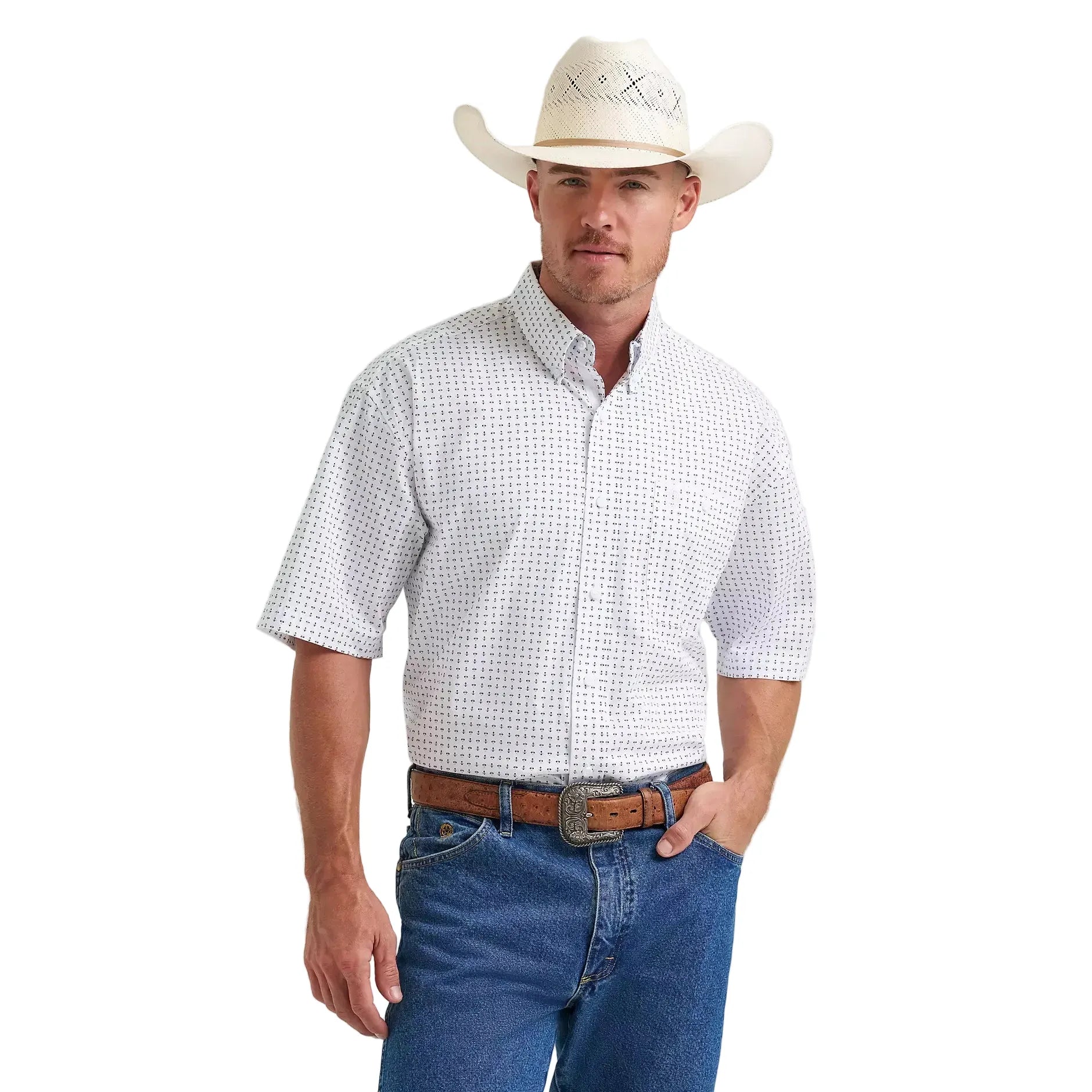 Men's Wrangler Baby Blue Dots George Strait Short Sleeve Button Down Shirt 112374607