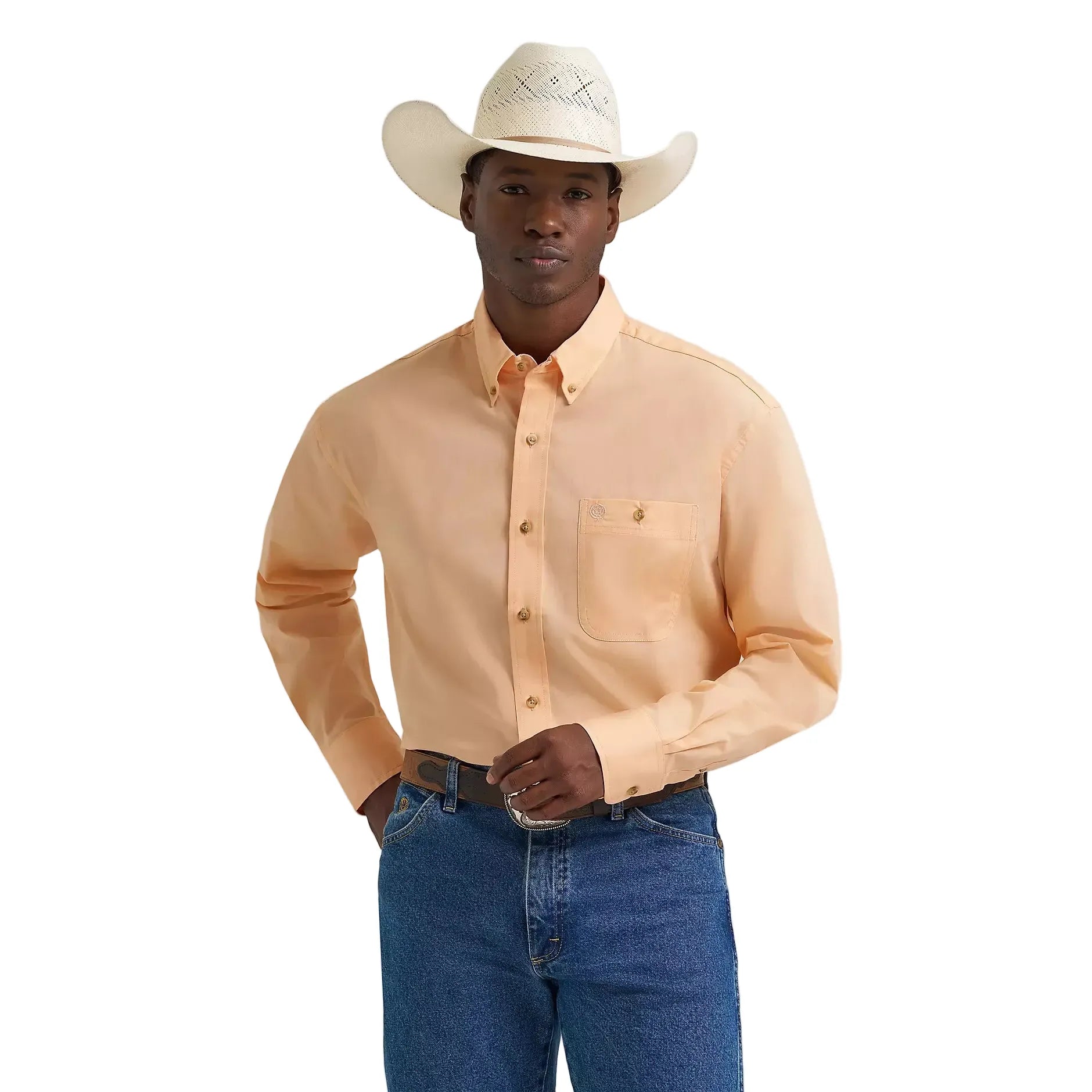 Men's Wrangler® George Strait™ Peachy Solid One Pocket Button Down Shirt 112374608