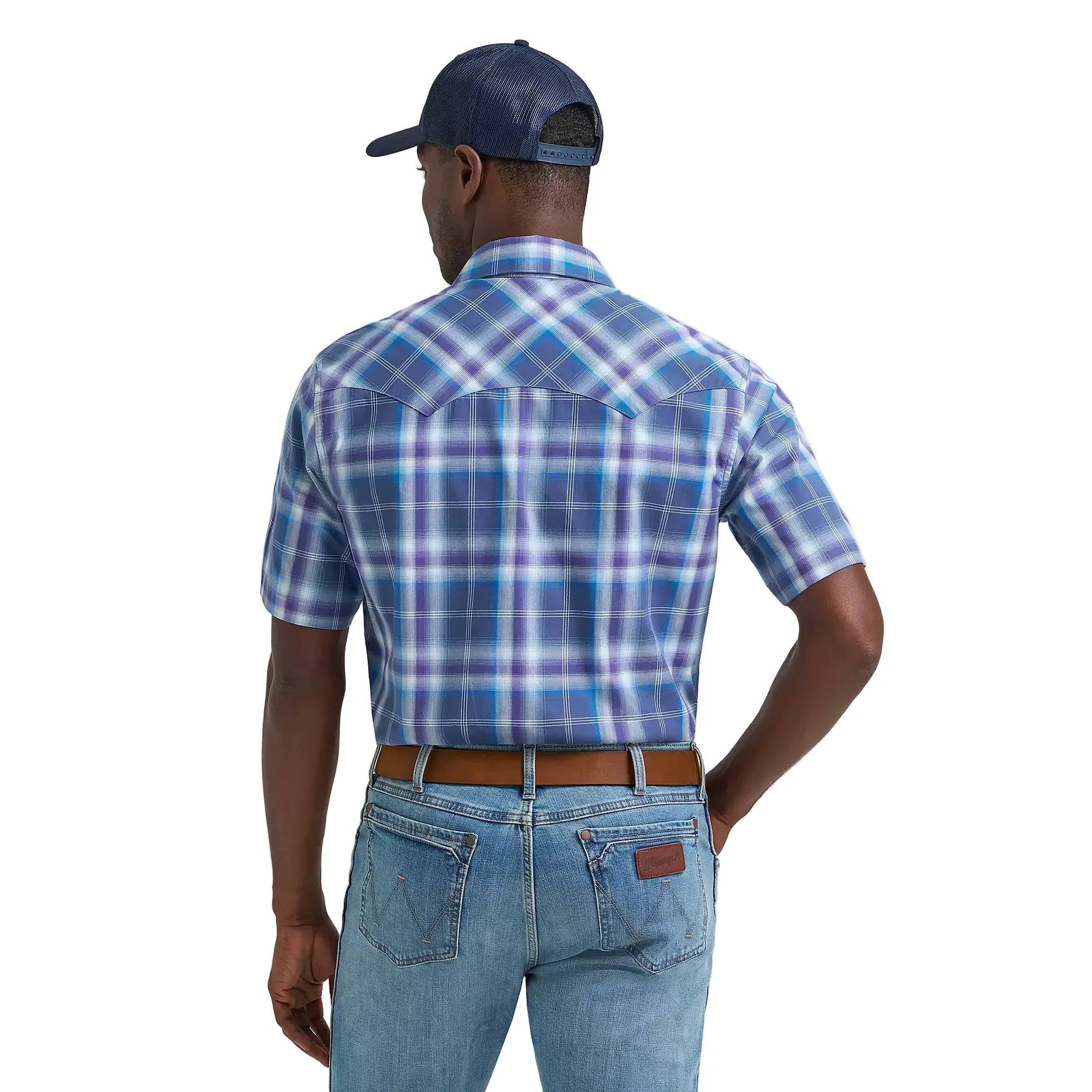 Men's Wrangler Navy Orchid Retro Short Sleeve Sawtooth Pocket Western Shirt 112374756