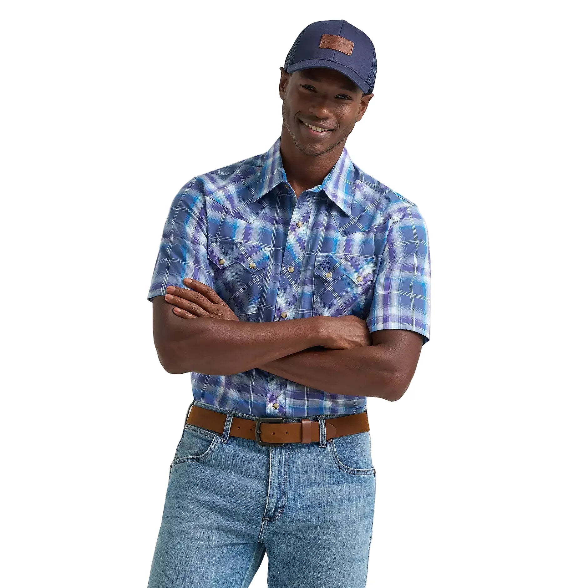 Men's Wrangler Navy Orchid Retro Short Sleeve Sawtooth Pocket Western Shirt 112374756