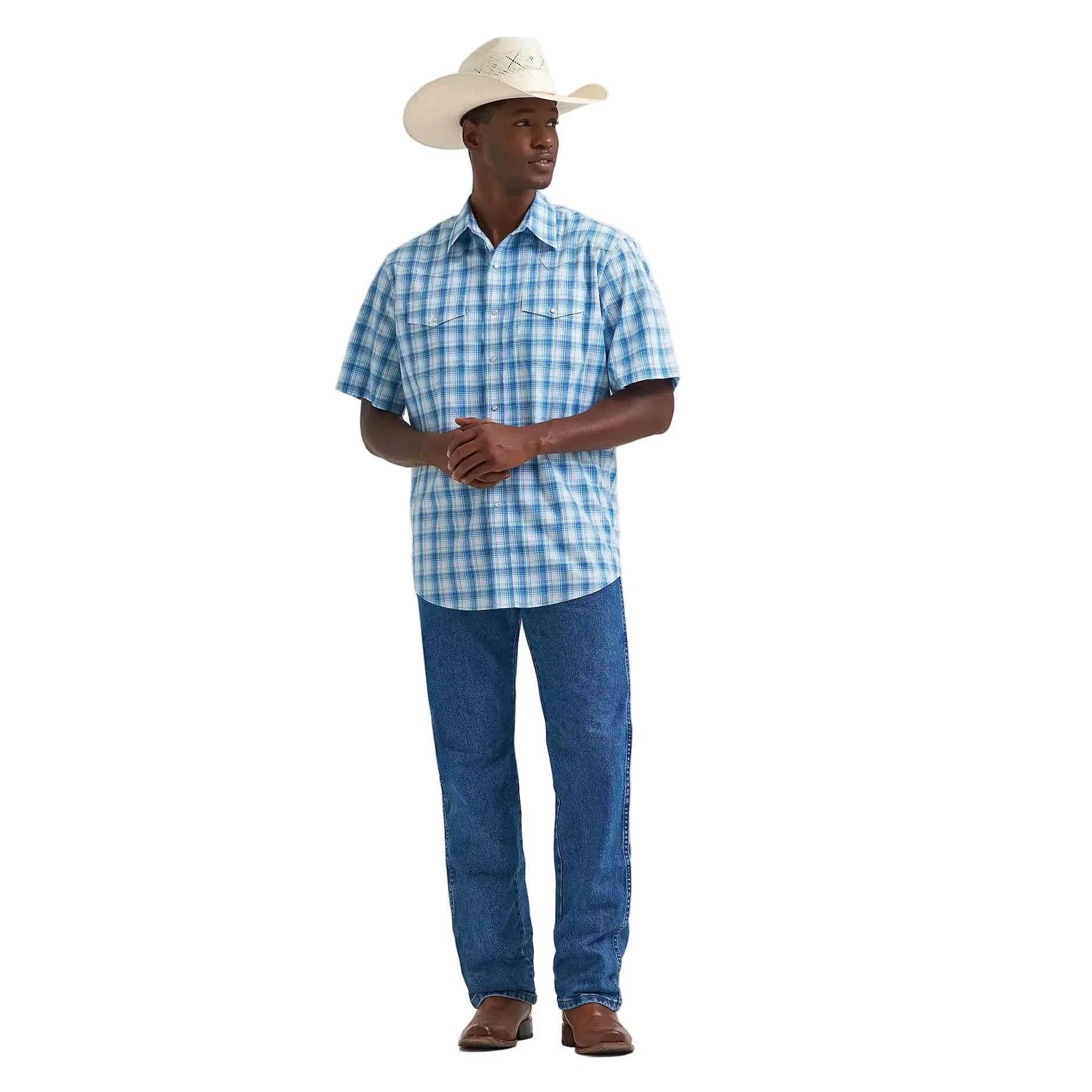 Men's Wrangler Seaside Blue Wrinkle Resist Short Sleeve Western Snap Shirt 112374834