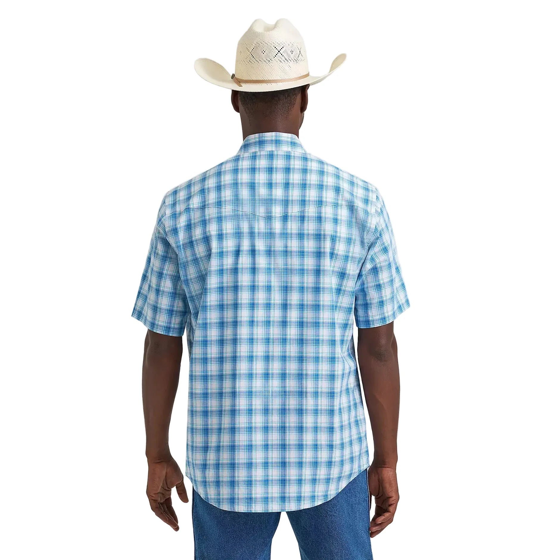 Men's Wrangler Seaside Blue Wrinkle Resist Short Sleeve Western Snap Shirt 112374834