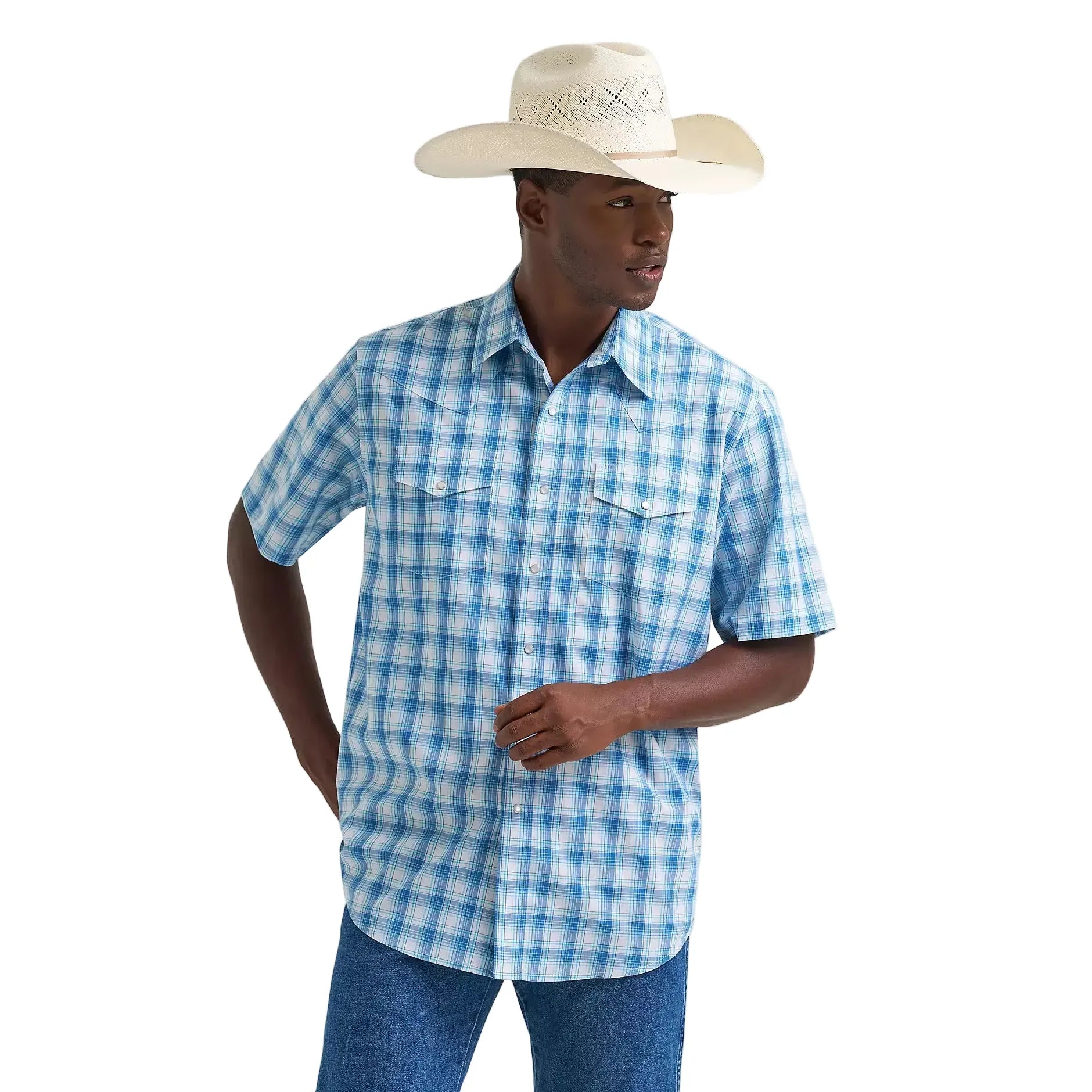 Men's Wrangler Seaside Blue Wrinkle Resist Short Sleeve Western Snap Shirt 112374834