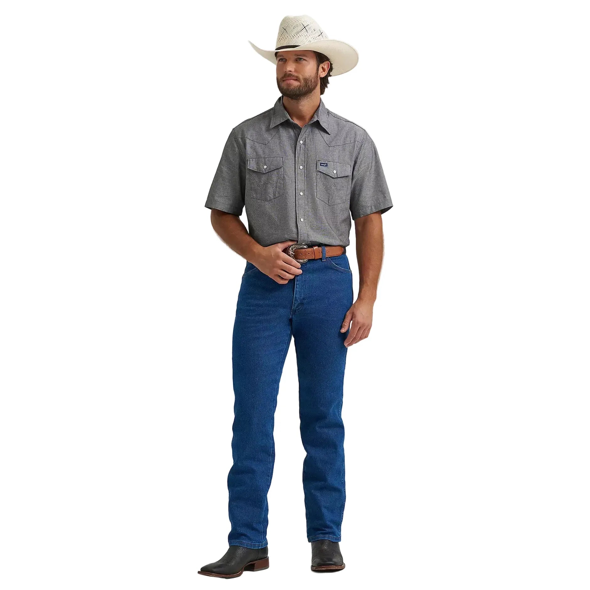 Men's Wrangler Cowboy Cut Short Sleeve Western Snap Chambray Work Shirt 112374841