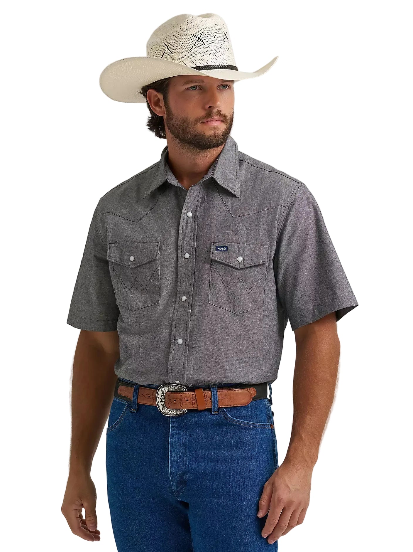 Men's Wrangler Cowboy Cut Short Sleeve Western Snap Chambray Work Shirt 112374841