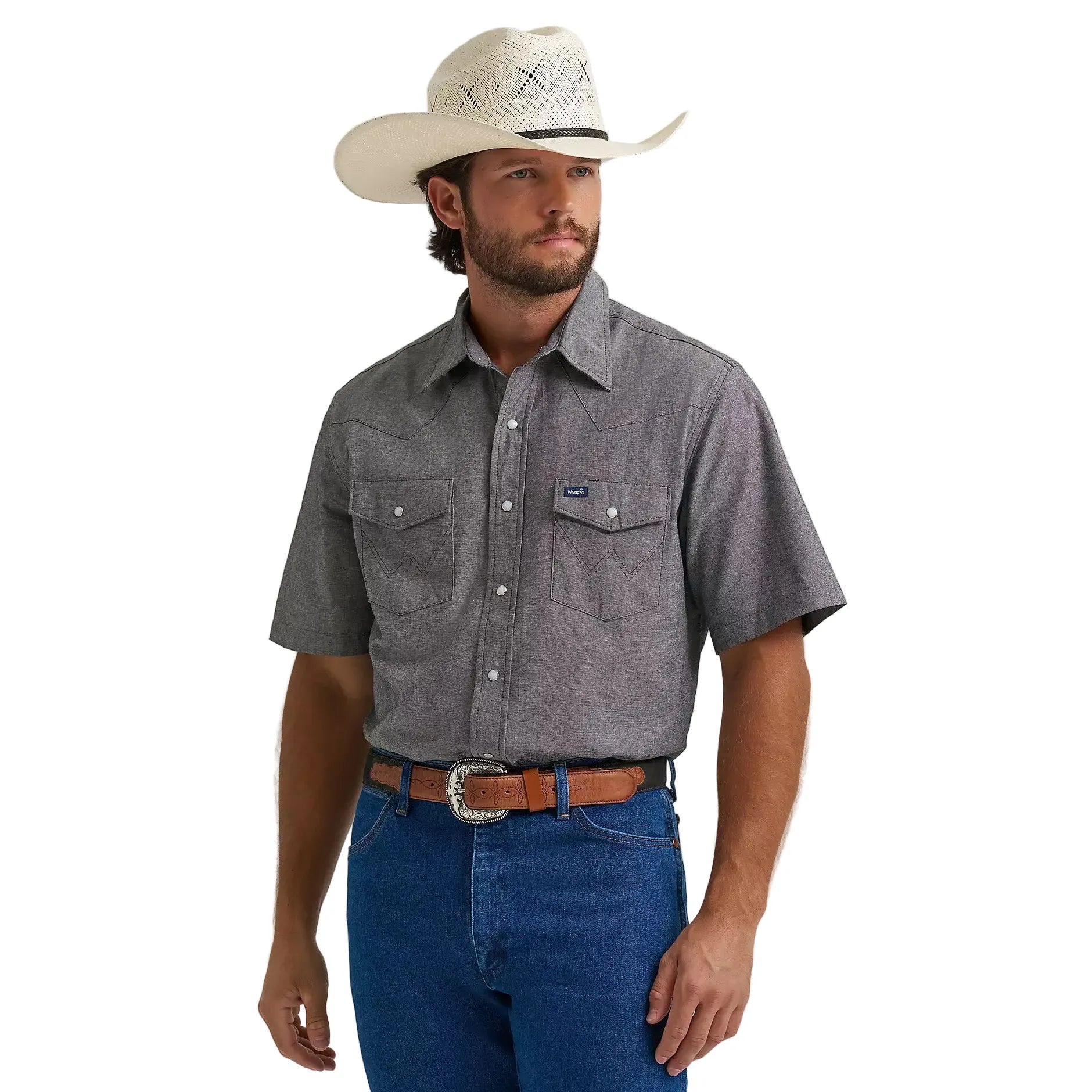 Men's Wrangler Cowboy Cut Short Sleeve Western Snap Chambray Work Shirt 112374841