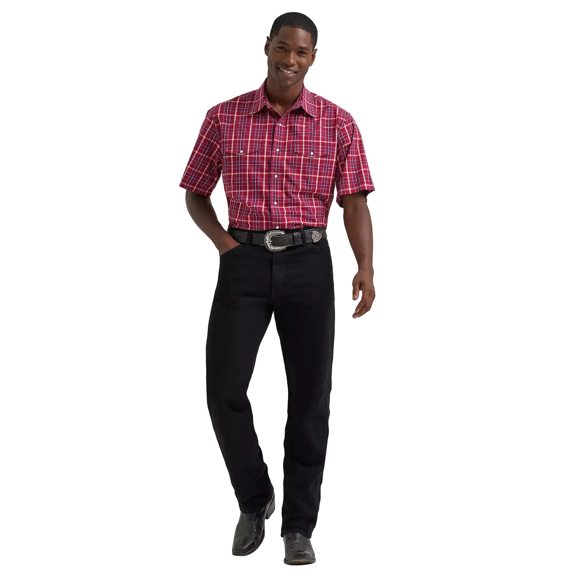 Men's Wrangler Deep Cherry Wrinkle Resist Short Sleeve Western Snap Shirt 112374878