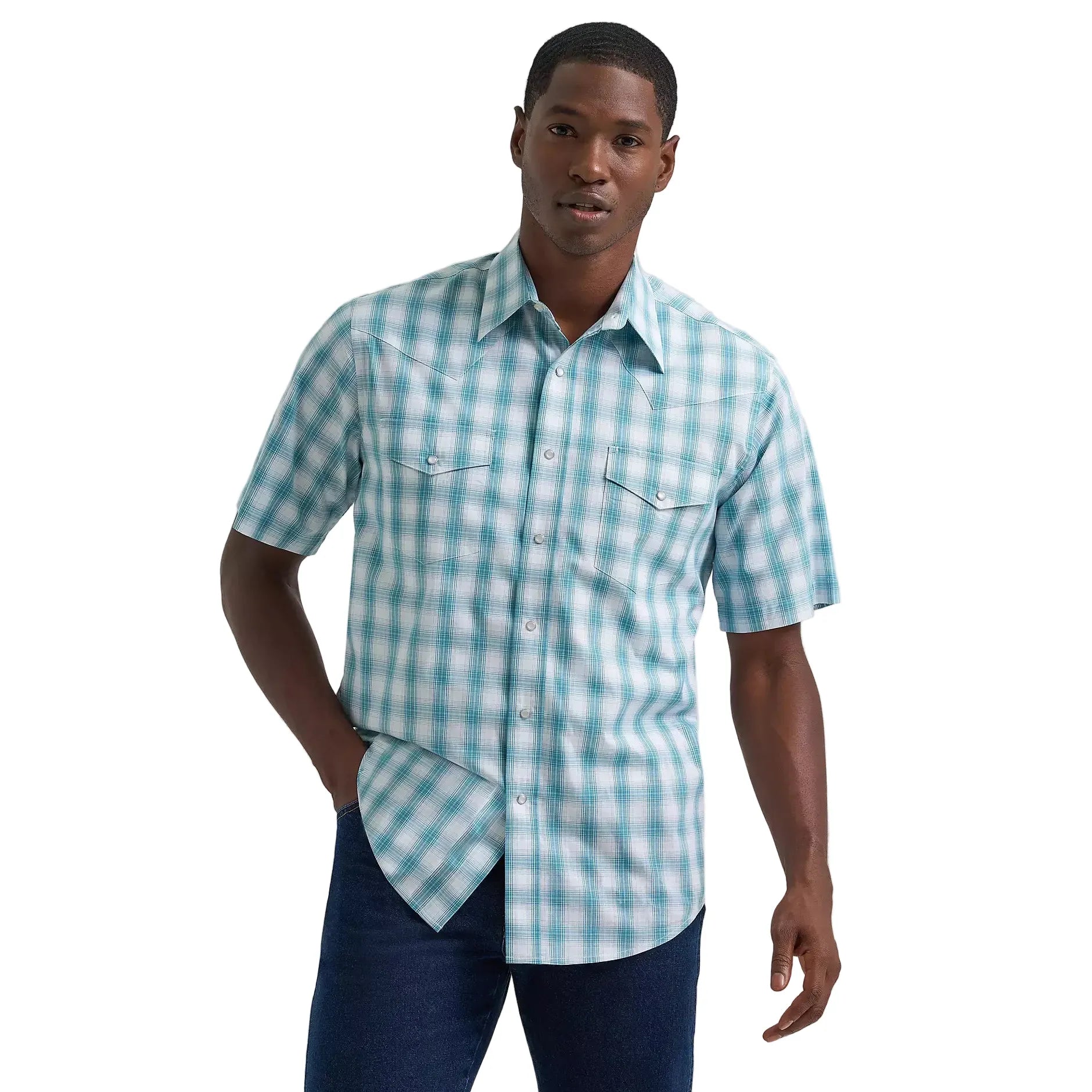 Men's Wrangler Pale Teal Wrinkle Resist Short Sleeve Western Snap Plaid Shirt 112379029