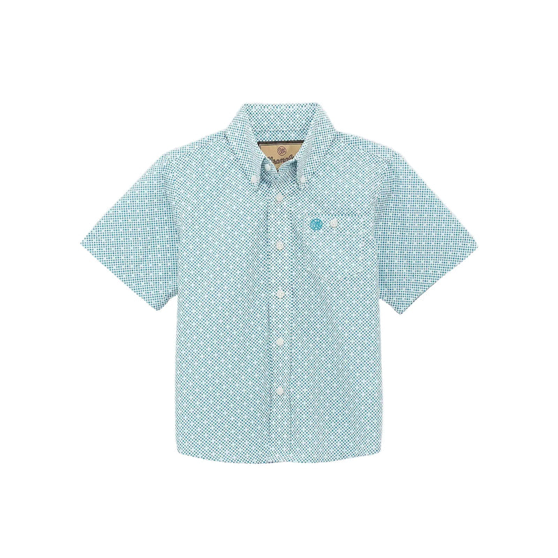 Boy's Wrangler Teal Geo Print Classic Short Sleeve Button Down Shirt 112379163