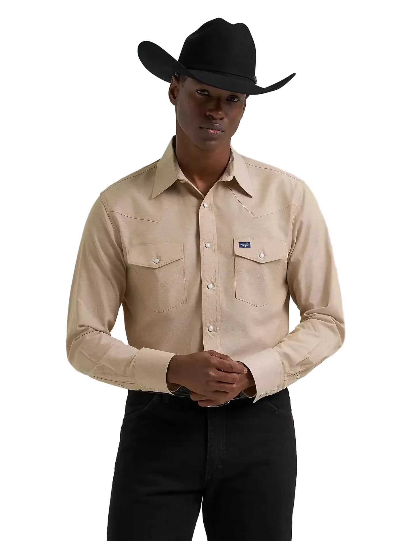 Men's Wrangler Khaki Cowboy Cut Long Sleeve Western Snap Chambray Work – Crazy House Western Wear