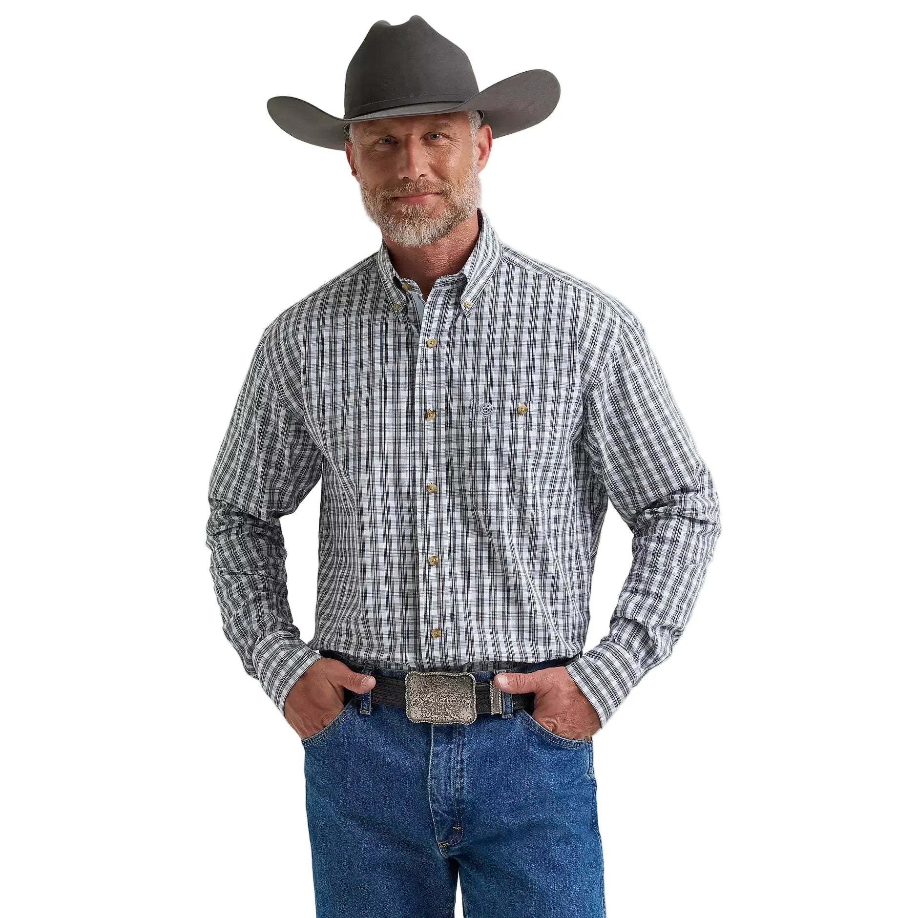 Men's Wrangler Inky Plaid George Strait Long Sleeve Button Down Shirt 112381961