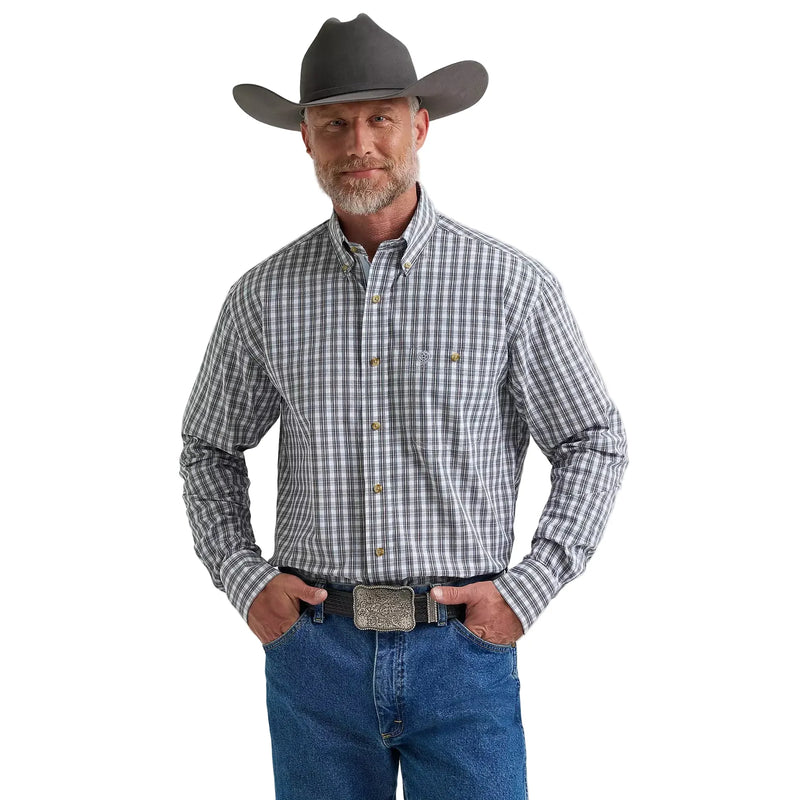 Men's Wrangler Inky Plaid George Strait Long Sleeve Button Down Shirt 112381961