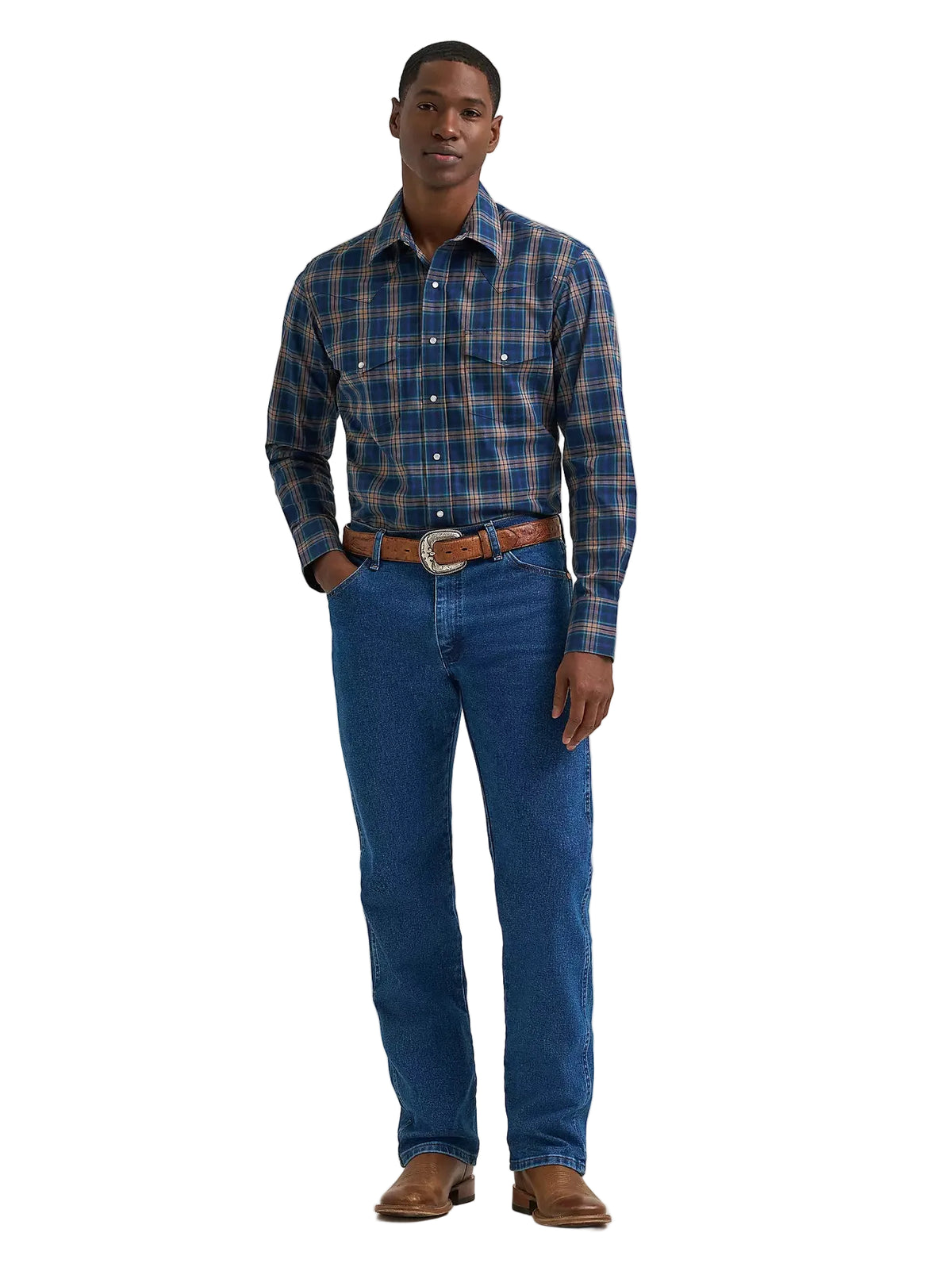 Wrangler Men's Gold Indigo Wrinkle Resist Long Sleeve Western Snap Plaid Shirt 112385340