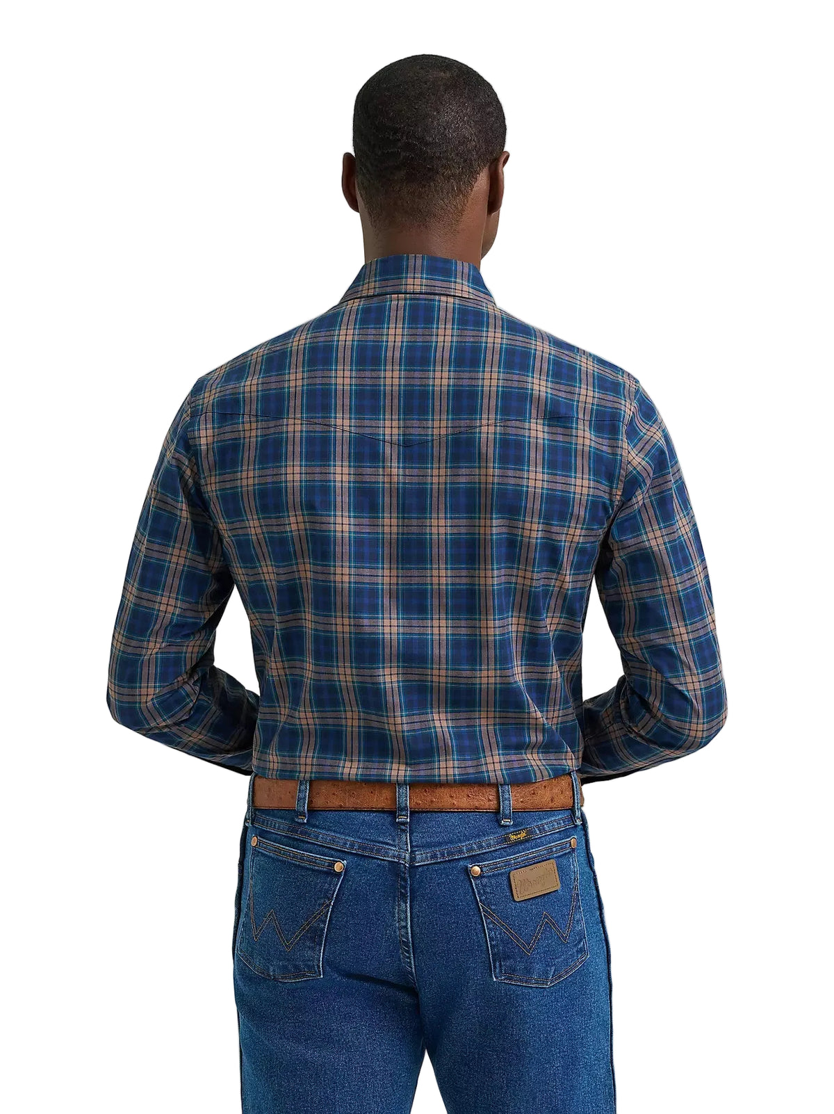 Wrangler Men's Gold Indigo Wrinkle Resist Long Sleeve Western Snap Plaid Shirt 112385340