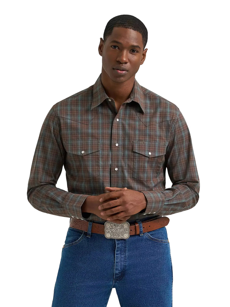 Wrangler Men's Weathered Teal Wrinkle Resist Long Sleeve Western Snap Plaid Shirt 112385341