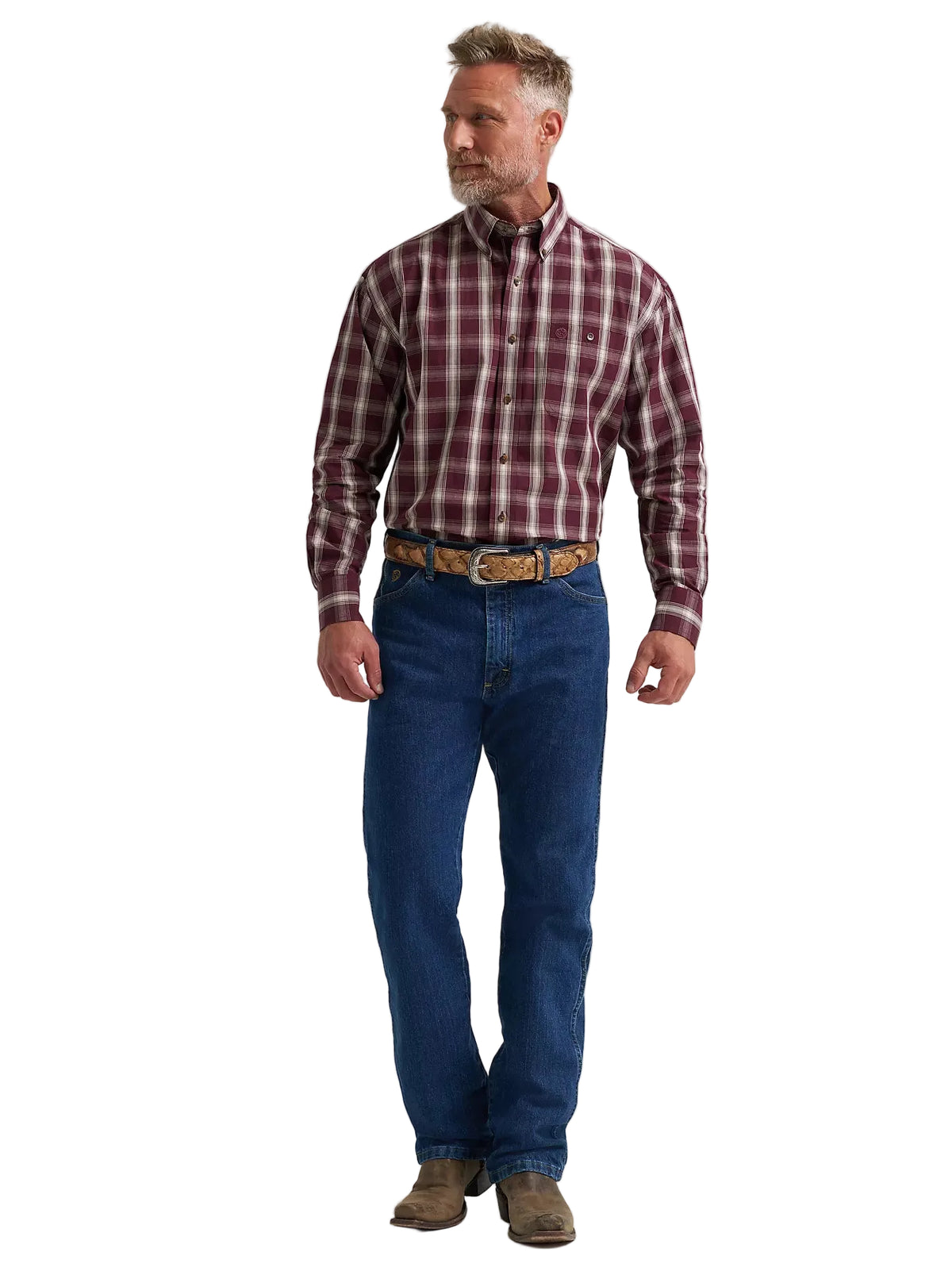 Wrangler Men's Merlot Plaid George Strait Long Sleeve Button Down One Pocket Shirt 112385370