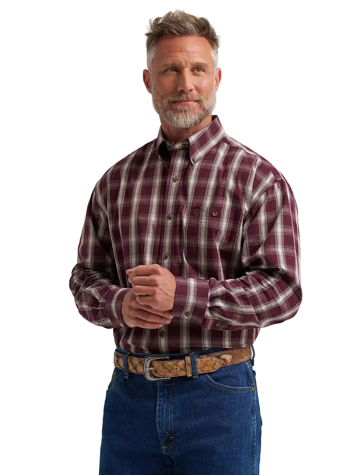 Wrangler Men's Merlot Plaid George Strait Long Sleeve Button Down One Pocket Shirt 112385370