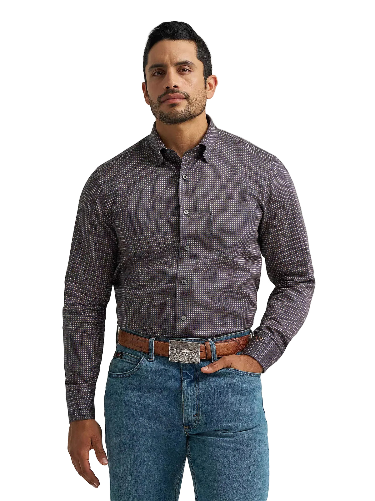 Wrangler Men's Navy Microdiamond Cody Johnson One Pocket Button Down Shirt 112385453