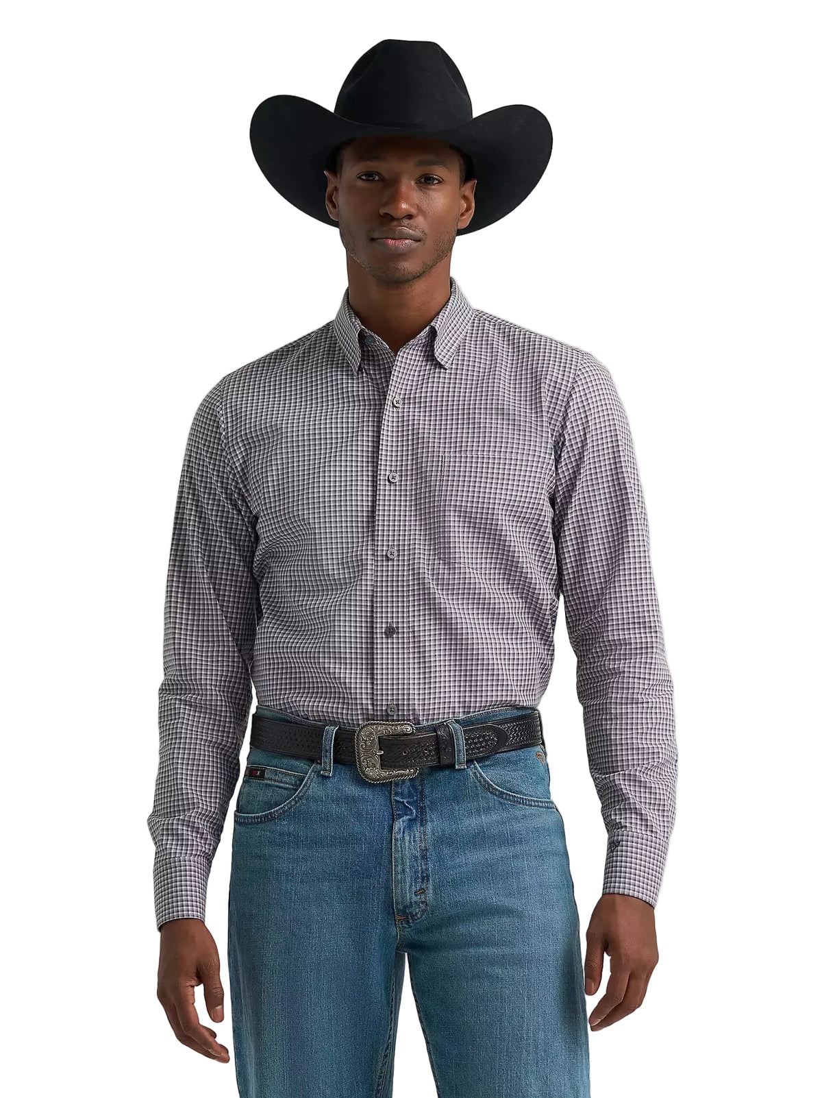 Wrangler Men's Iron Microcheck Cody Johnson One Pocket Button Down Shirt 112385471