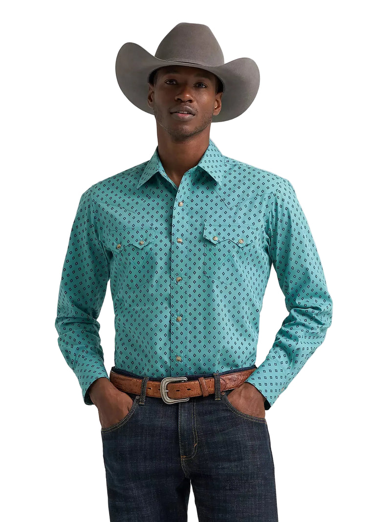 Wrangler Men's Dusky Teal Retro Long Sleeve Sawtooth Snap Pocket Western Shirt 112385603
