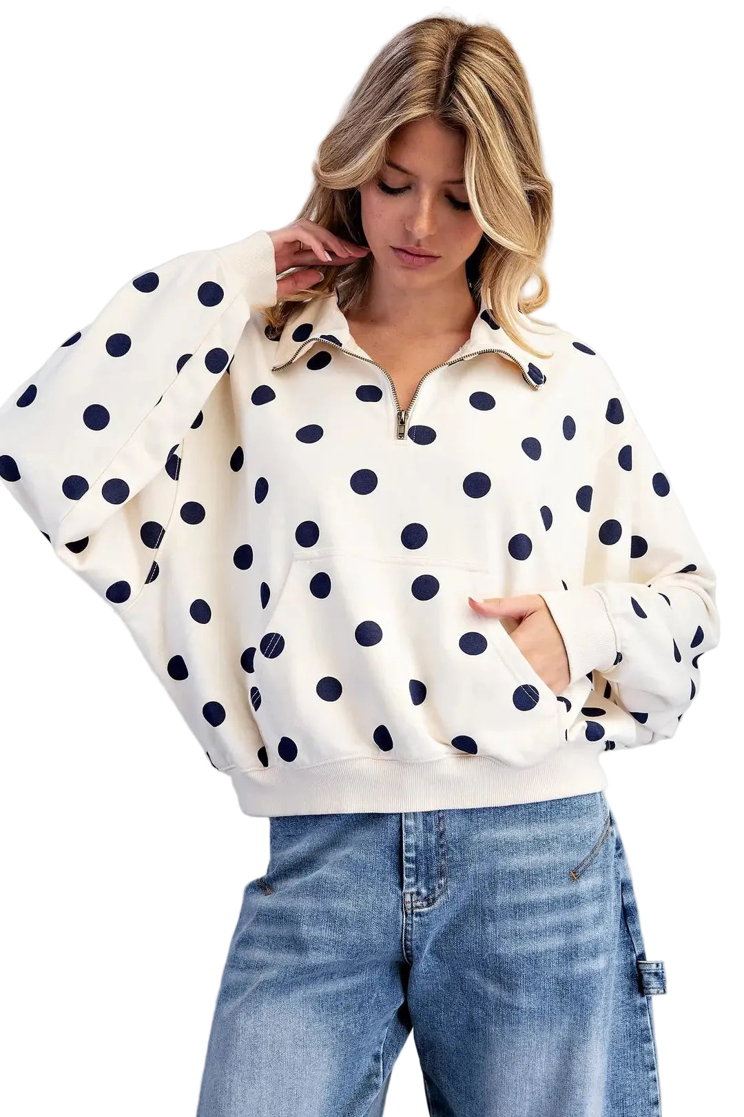 ee:some Women's Bone Mineral Washed Polka Dot Quarter Zip Pullover 