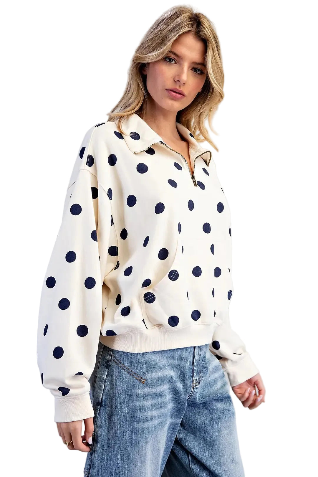 ee:some Women's Bone Mineral Washed Polka Dot Quarter Zip Pullover 