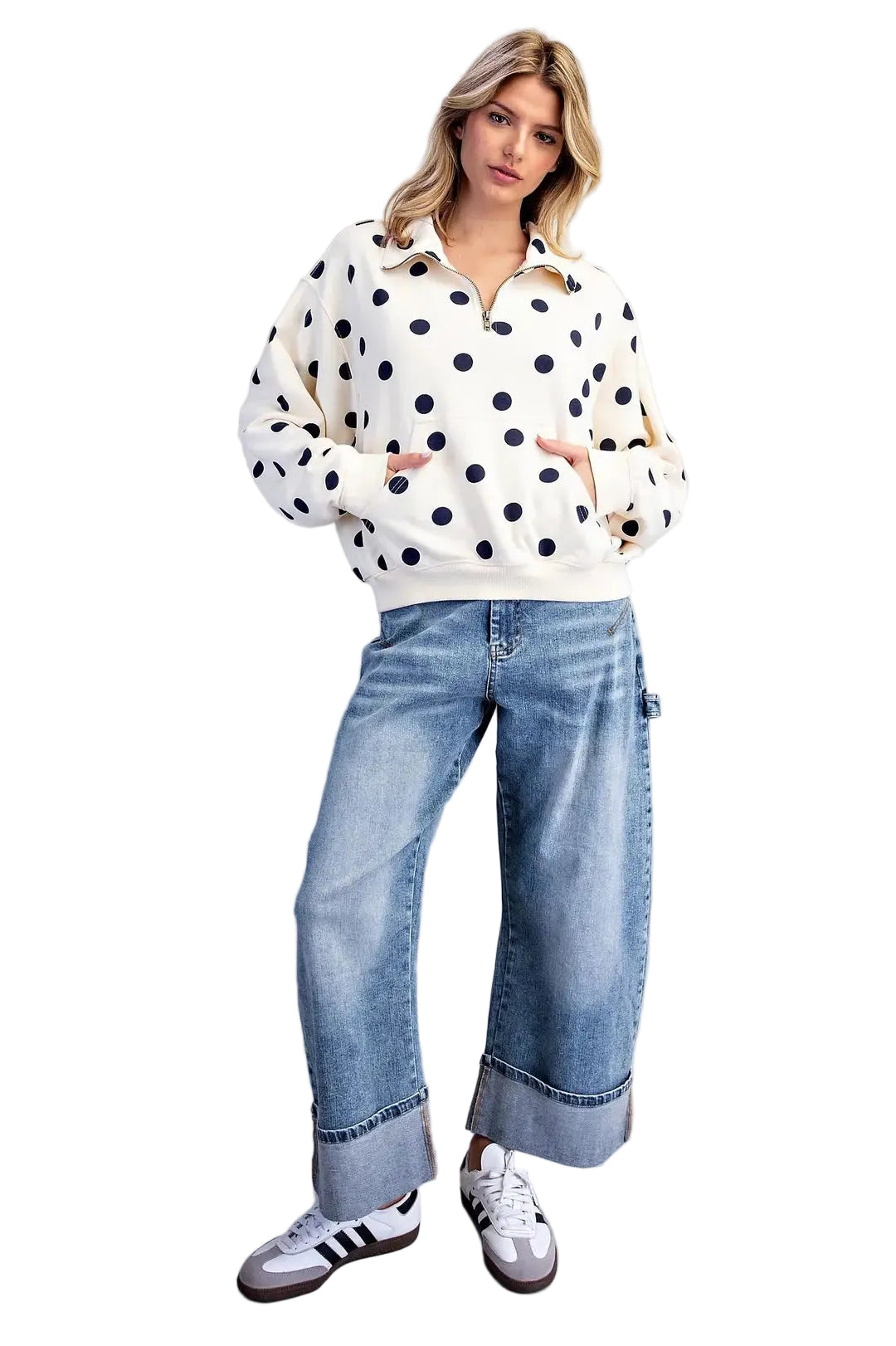 ee:some Women's Bone Mineral Washed Polka Dot Quarter Zip Pullover 
