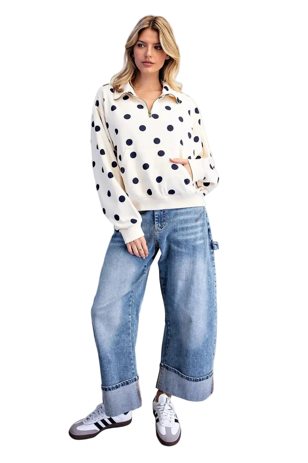 ee:some Women's Bone Mineral Washed Polka Dot Quarter Zip Pullover 