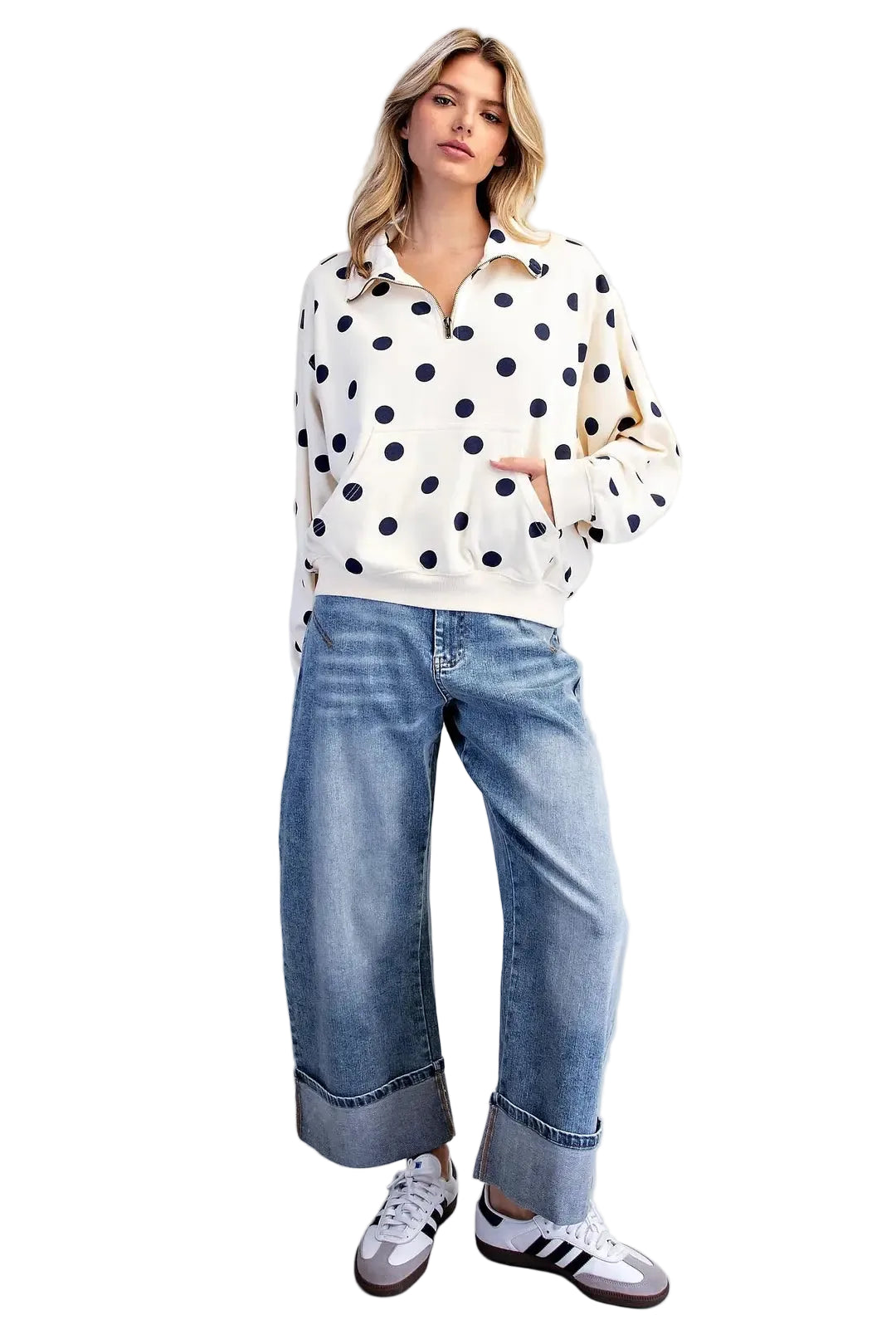 ee:some Women's Bone Mineral Washed Polka Dot Quarter Zip Pullover 