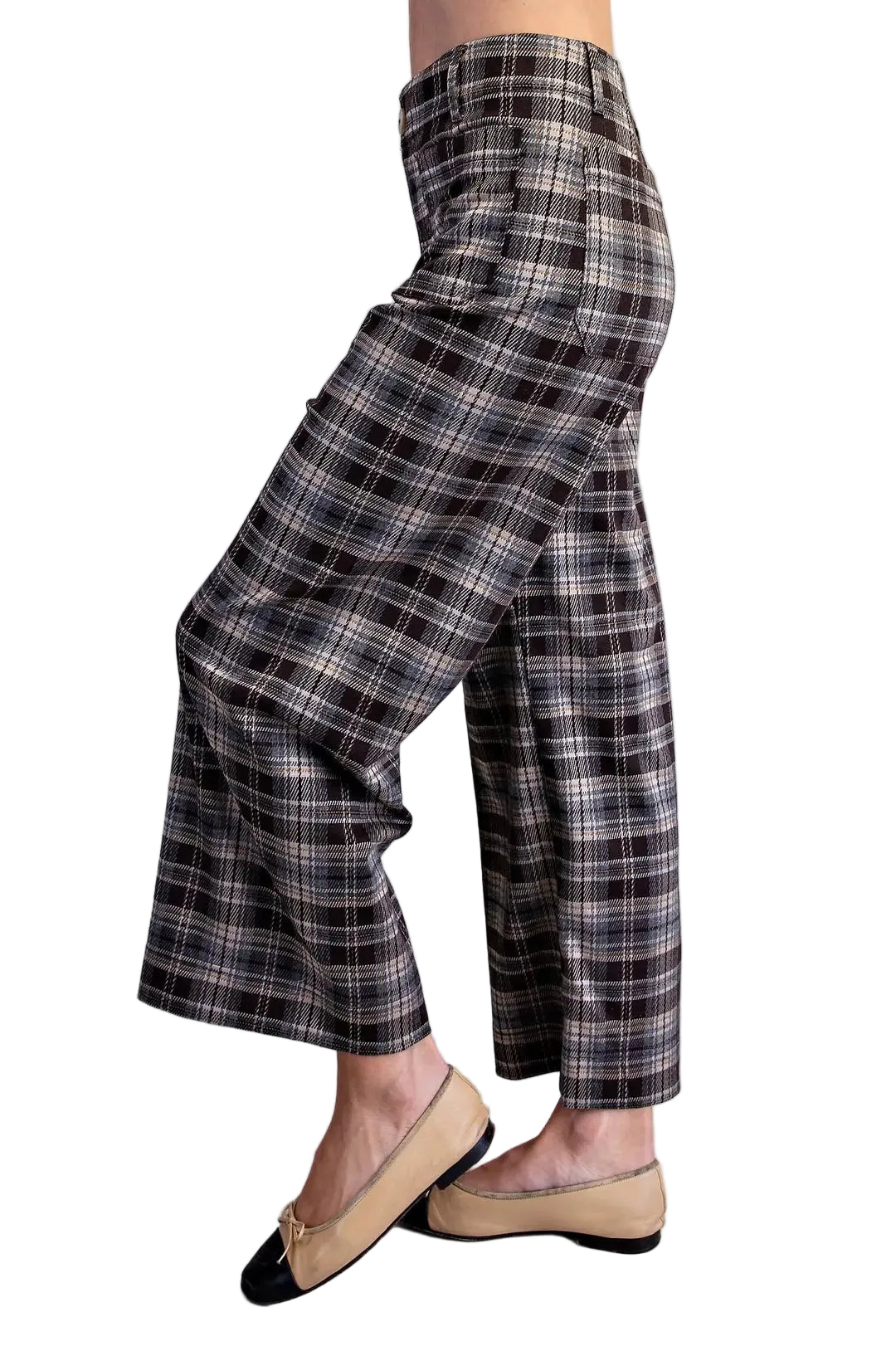 ee:some Women's Cocoa Plaid Patch Pocket Wide Leg Pants 