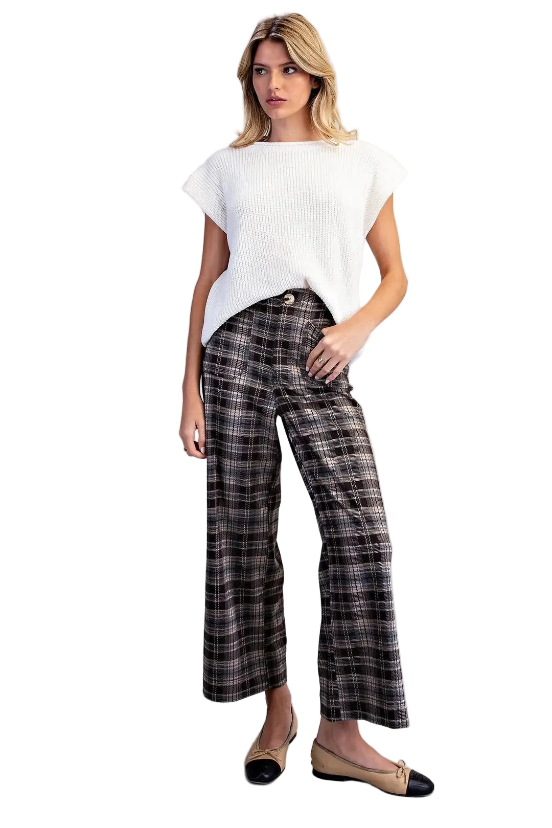 ee:some Women's Cocoa Plaid Patch Pocket Wide Leg Pants 