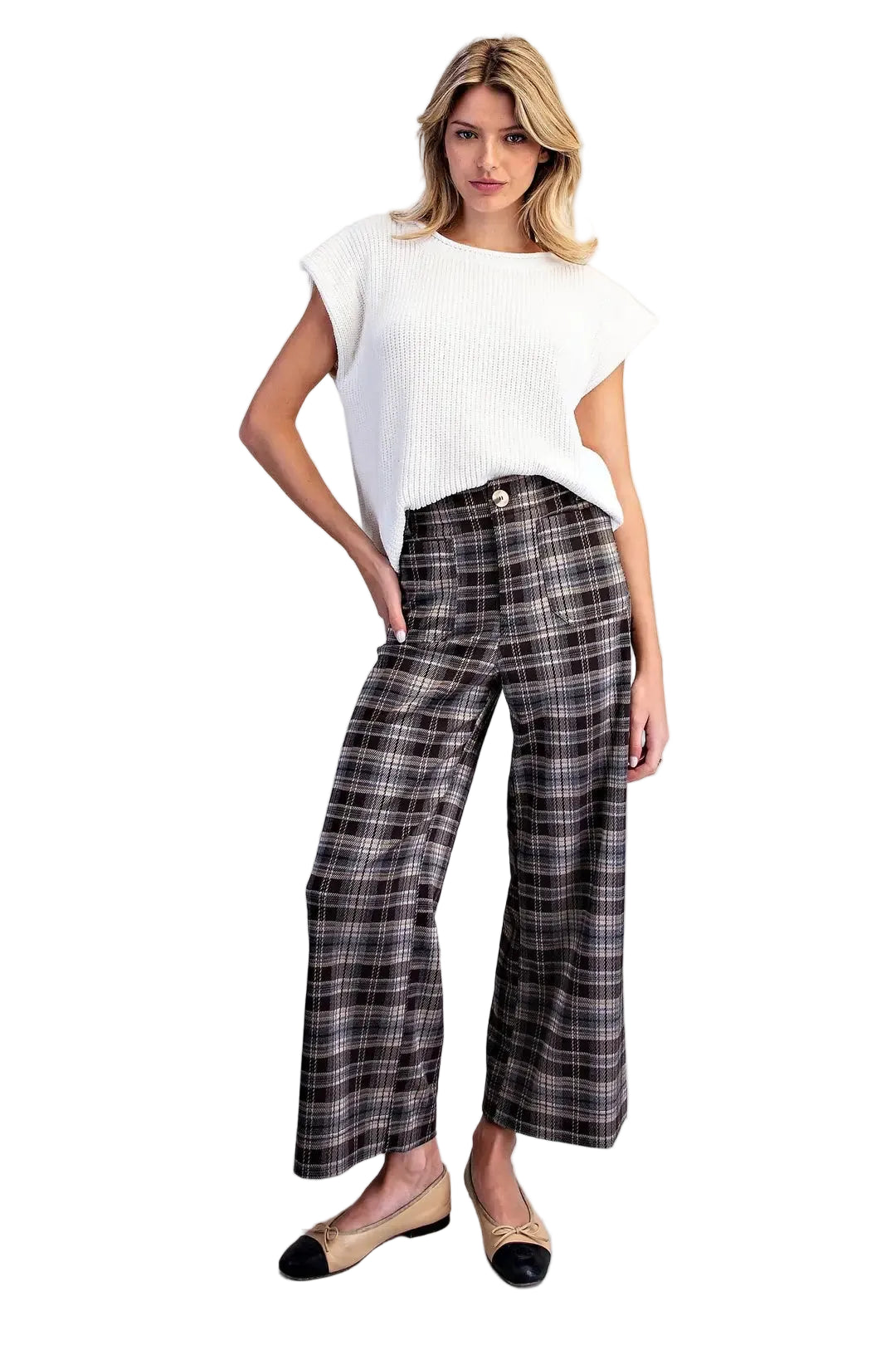 ee:some Women's Cocoa Plaid Patch Pocket Wide Leg Pants 
