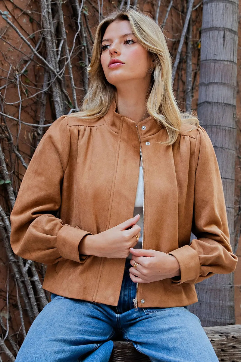 ee:some Women's Almond Suede Mock Neck Jacket JH17185