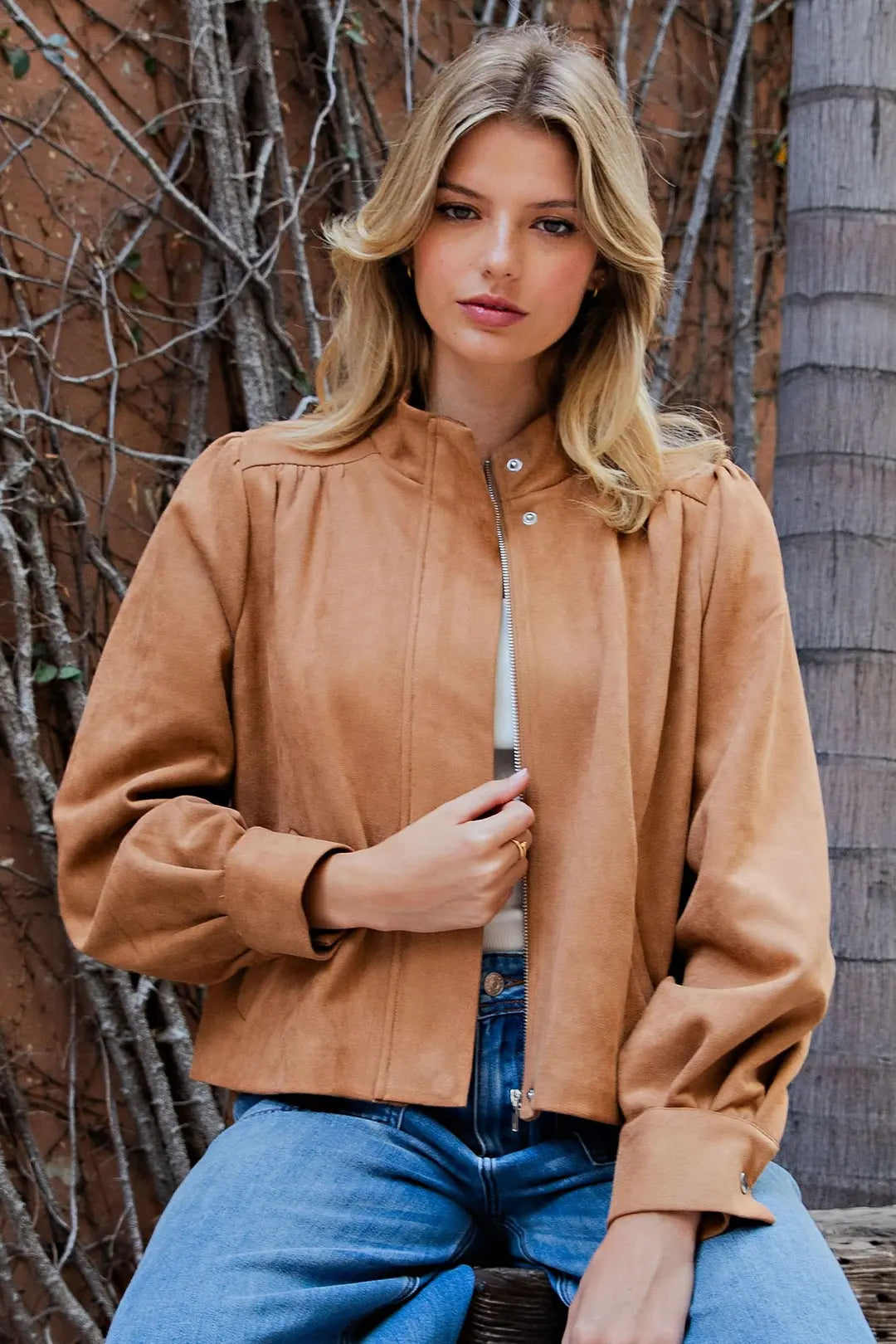 ee:some Women's Almond Suede Mock Neck Jacket JH17185