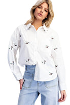 ee:some Women's White Embroidered Duck Button Down Shirt 