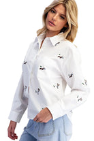 ee:some Women's White Embroidered Duck Button Down Shirt 